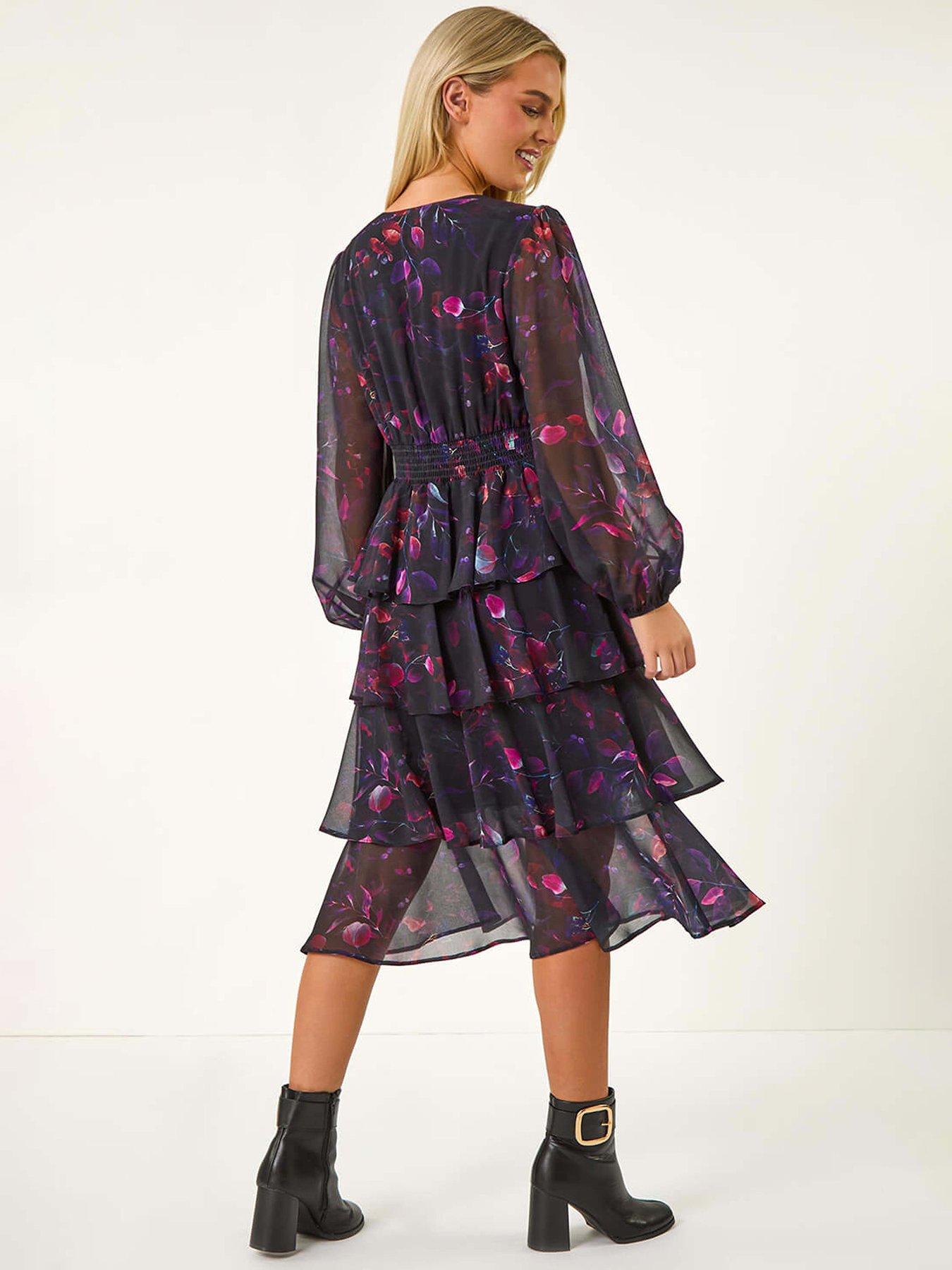Watermelon Multi Floral Print Tiered Midi Dress with Belt
