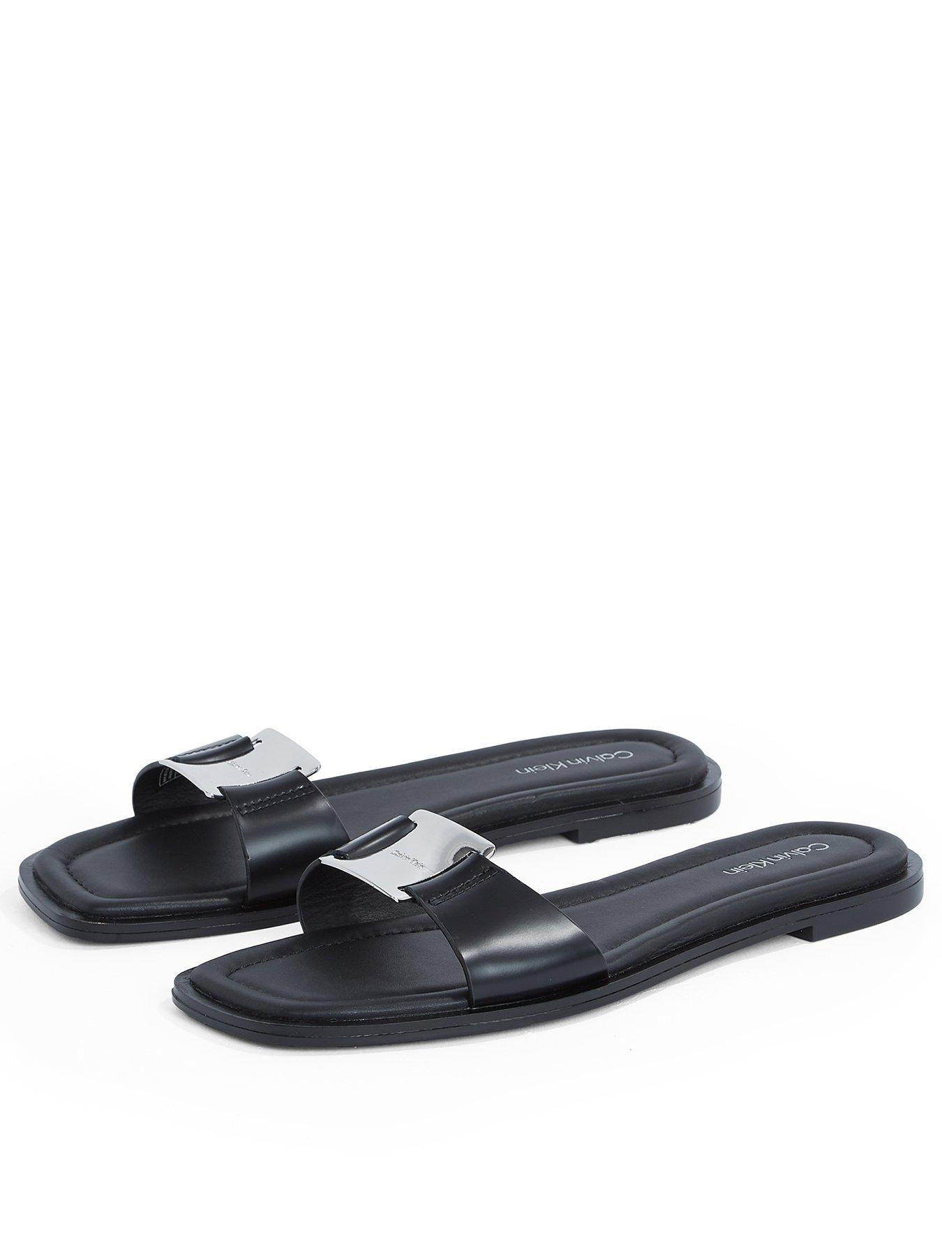 Calvin Klein Metal Buckle Flat Leather Slider Sandals - Black