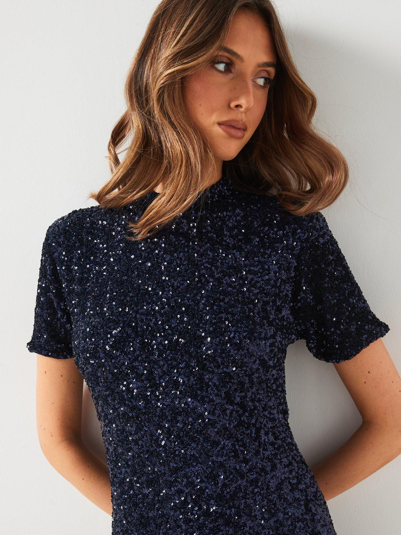 mango navy sequin dress MANGO TEEN - Long-sleeved sequin dress navy - M
