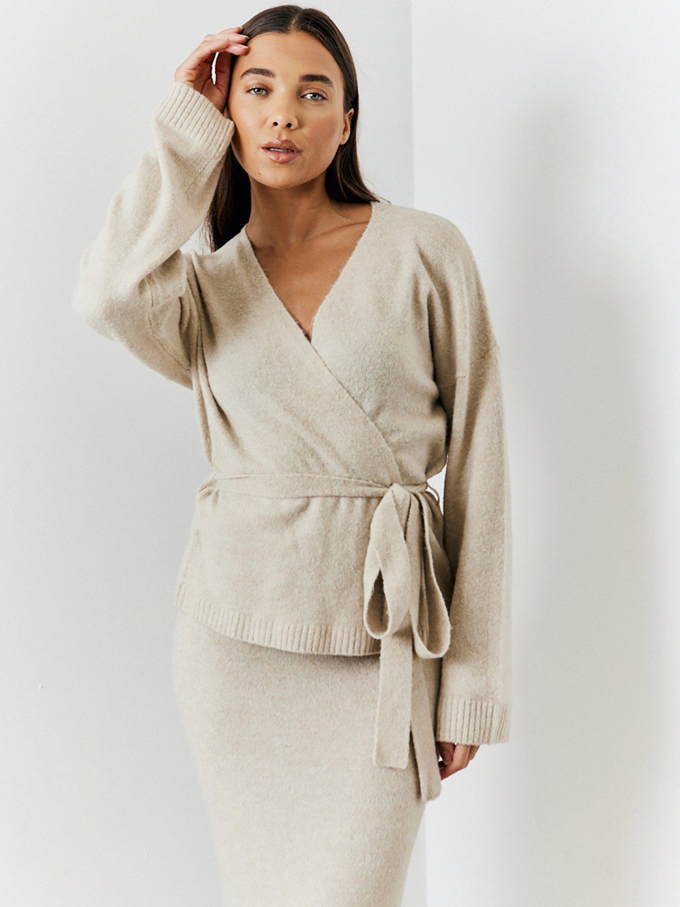 undefined Hannah Brown Wrap Knit Co-Ord Cardigan - Oatmeal