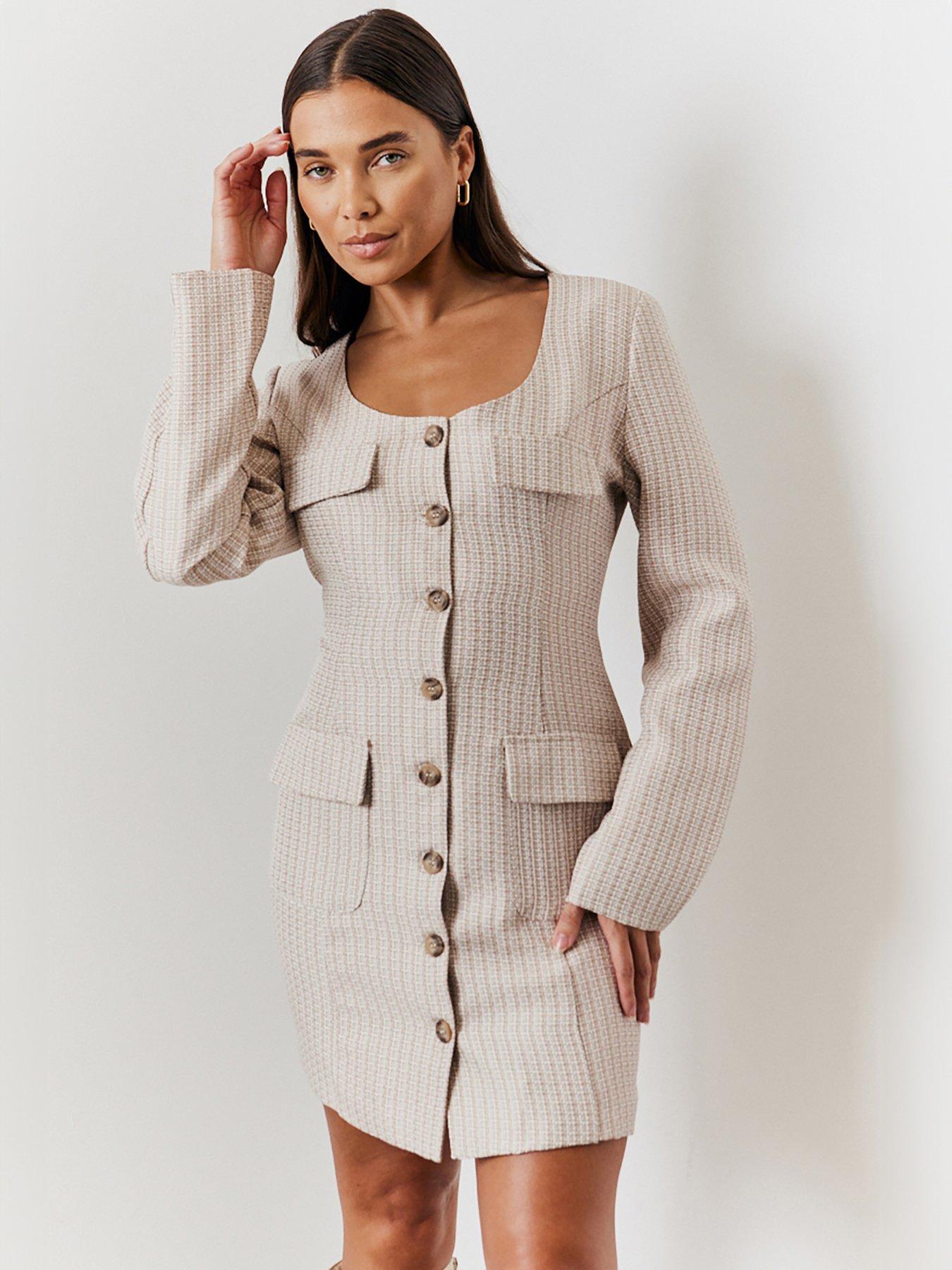 undefined Hannah Brown Tweed Detail Blazer Dress - Stone