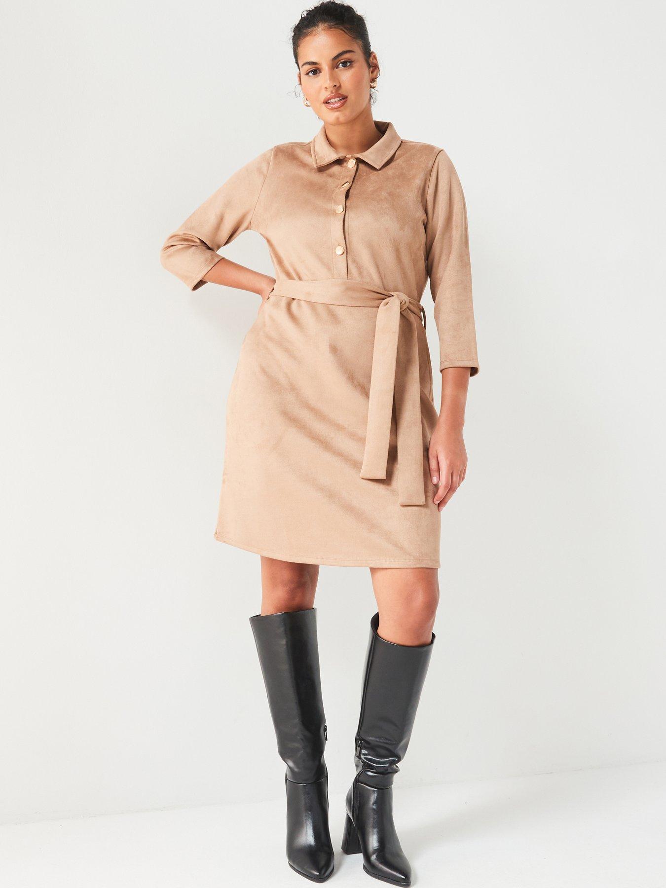 undefined Suedette Shirt Dress - Beige
