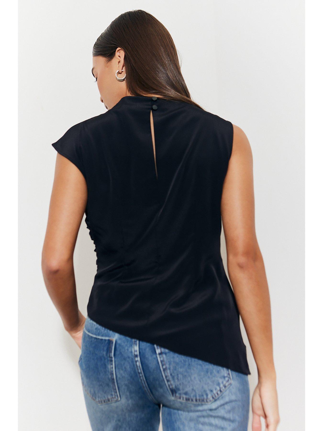 Black Short Sleeve Blouse with Draped Neckline