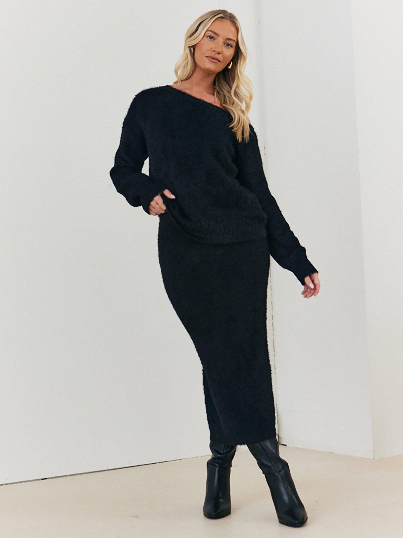 undefined Fluffy Knitted Off Shoulder Co-Ord Jumper - Black