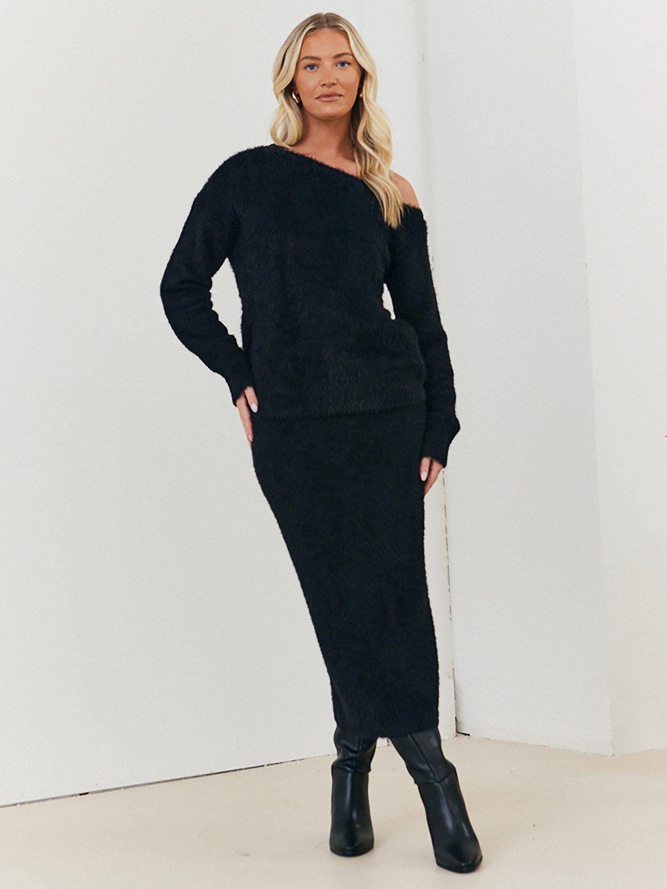 In The Style Fluffy Knitted Midaxi Co-Ord Skirt Black Very