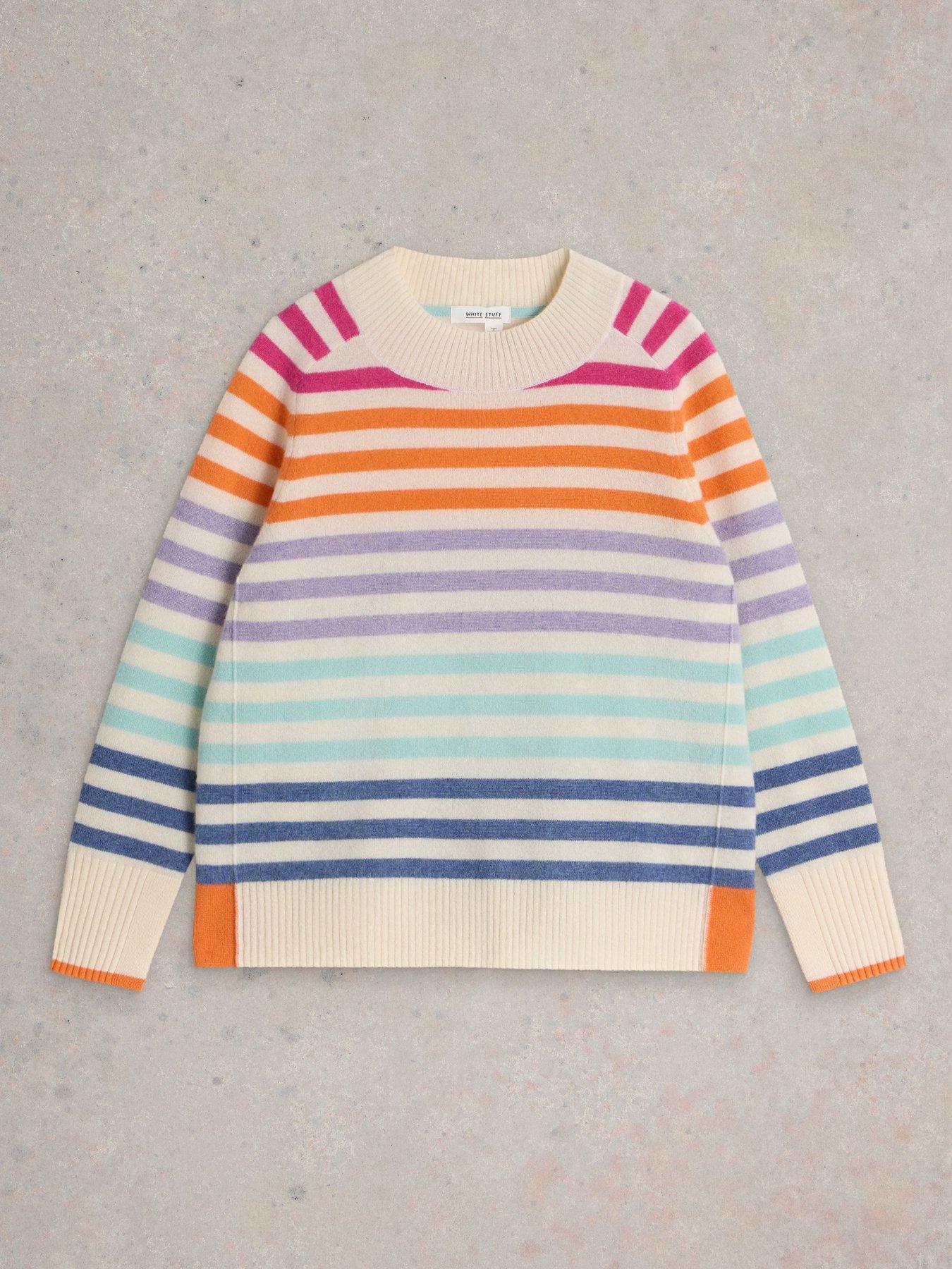 White Stuff Rainbow Stripe Crew Cashmere Jumper Beige Very