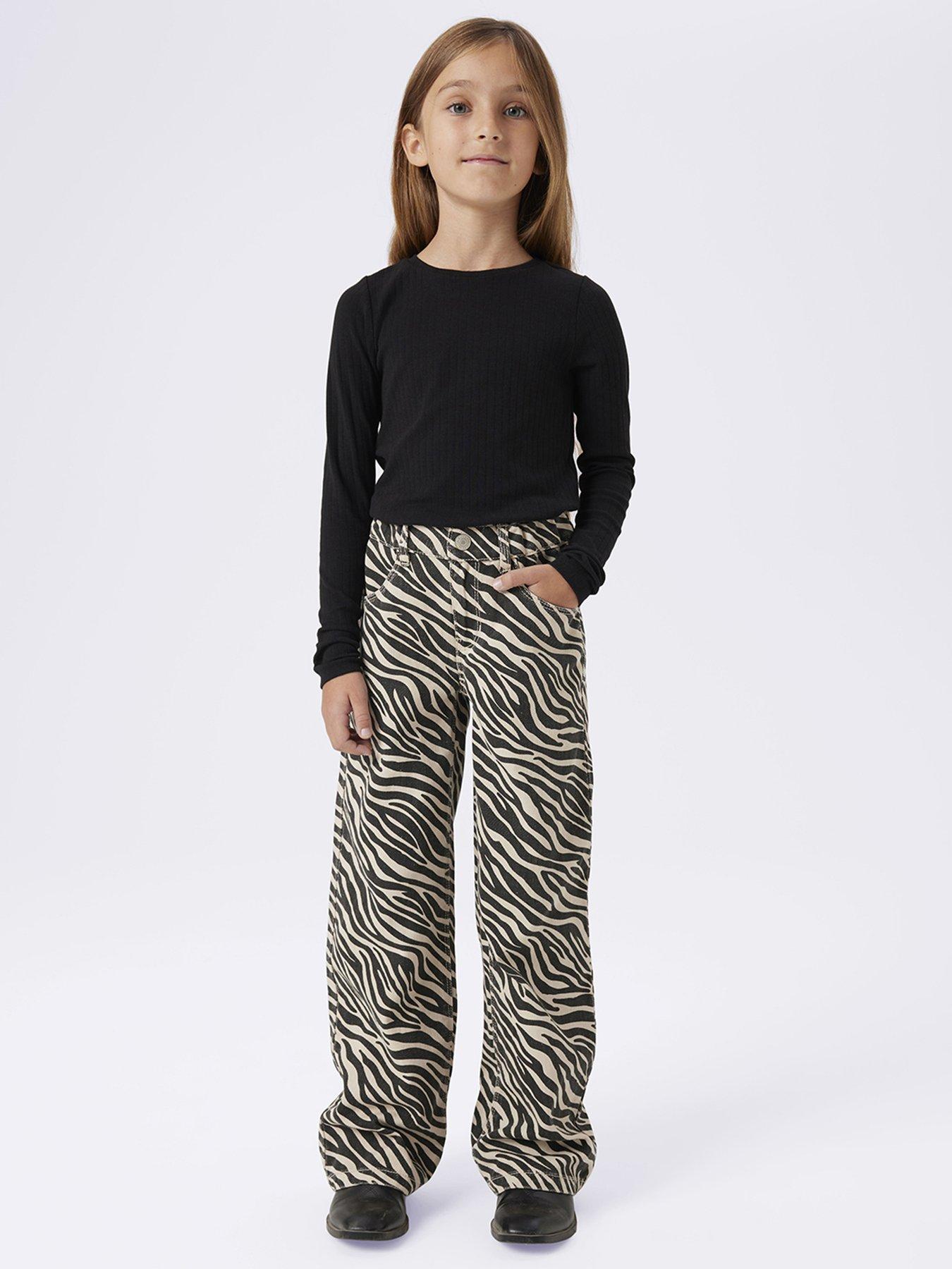 Image 1 of 4 of Name It Girls Zebra Print Twill Wide Leg Trousers - Black
