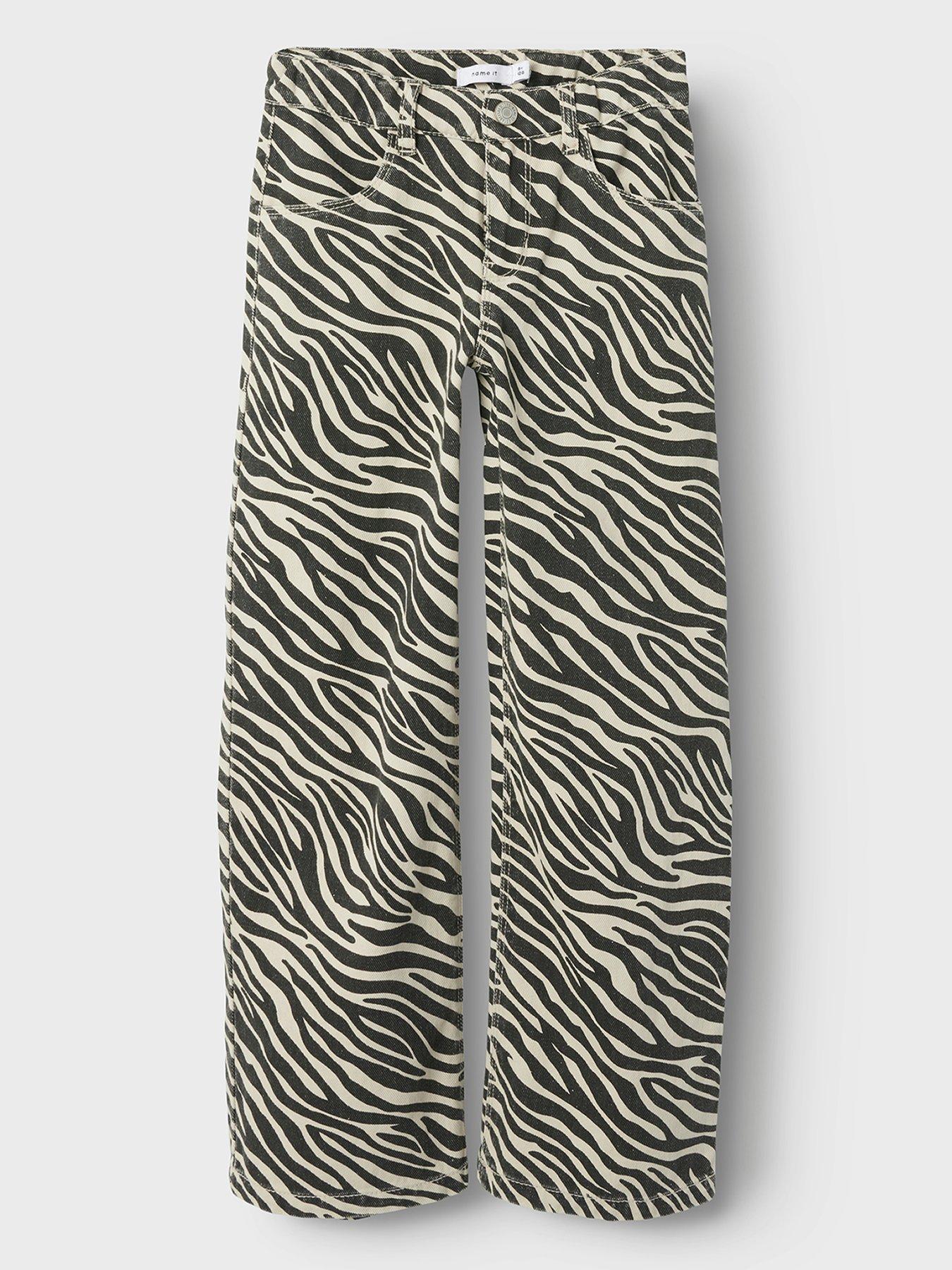 Image 2 of 4 of Name It Girls Zebra Print Twill Wide Leg Trousers - Black
