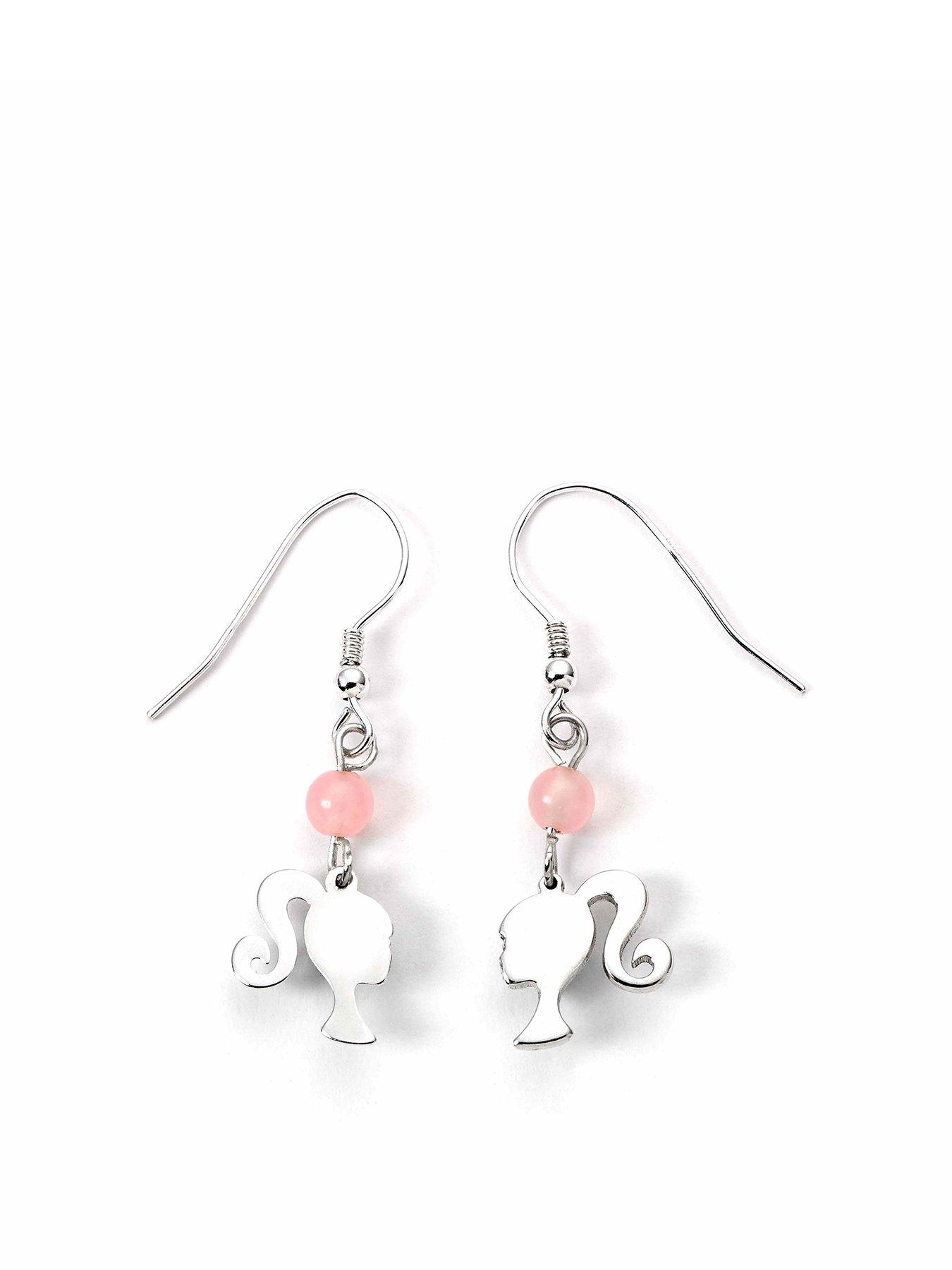 Product photograph of Barbie Sterling Silver Silhouette Amp Rose Quartz Drop Earrings from very.co.uk