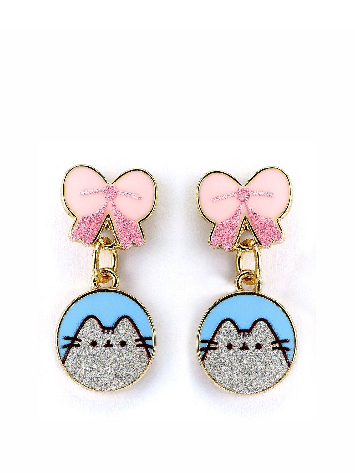 Product photograph of Pusheen The Cat Pink Bows Drop Earrings from very.co.uk