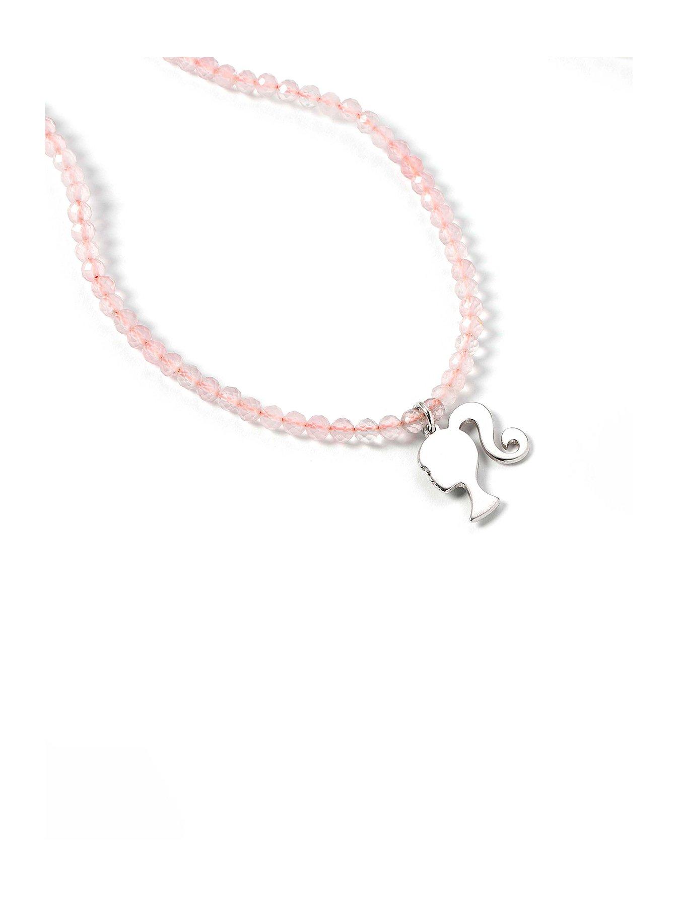 Product photograph of Barbie Sterling Silver Silhouette Charm On A Rose Quartz Bead Necklace from very.co.uk