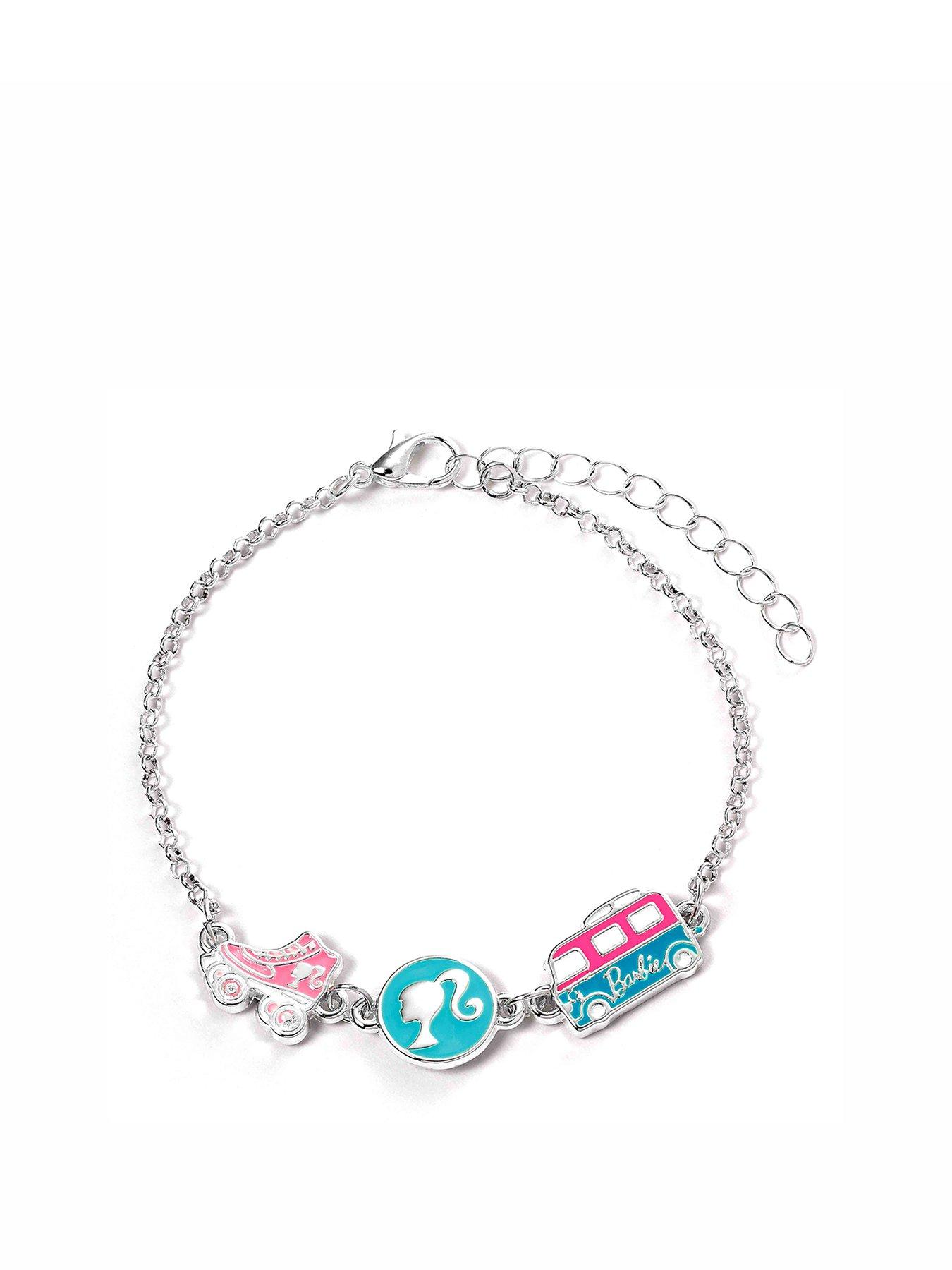 Product photograph of Barbie Charm Bracelet With Three Enamelled Fun Charms - Silhouette Skate Amp Camper Van from very.co.uk