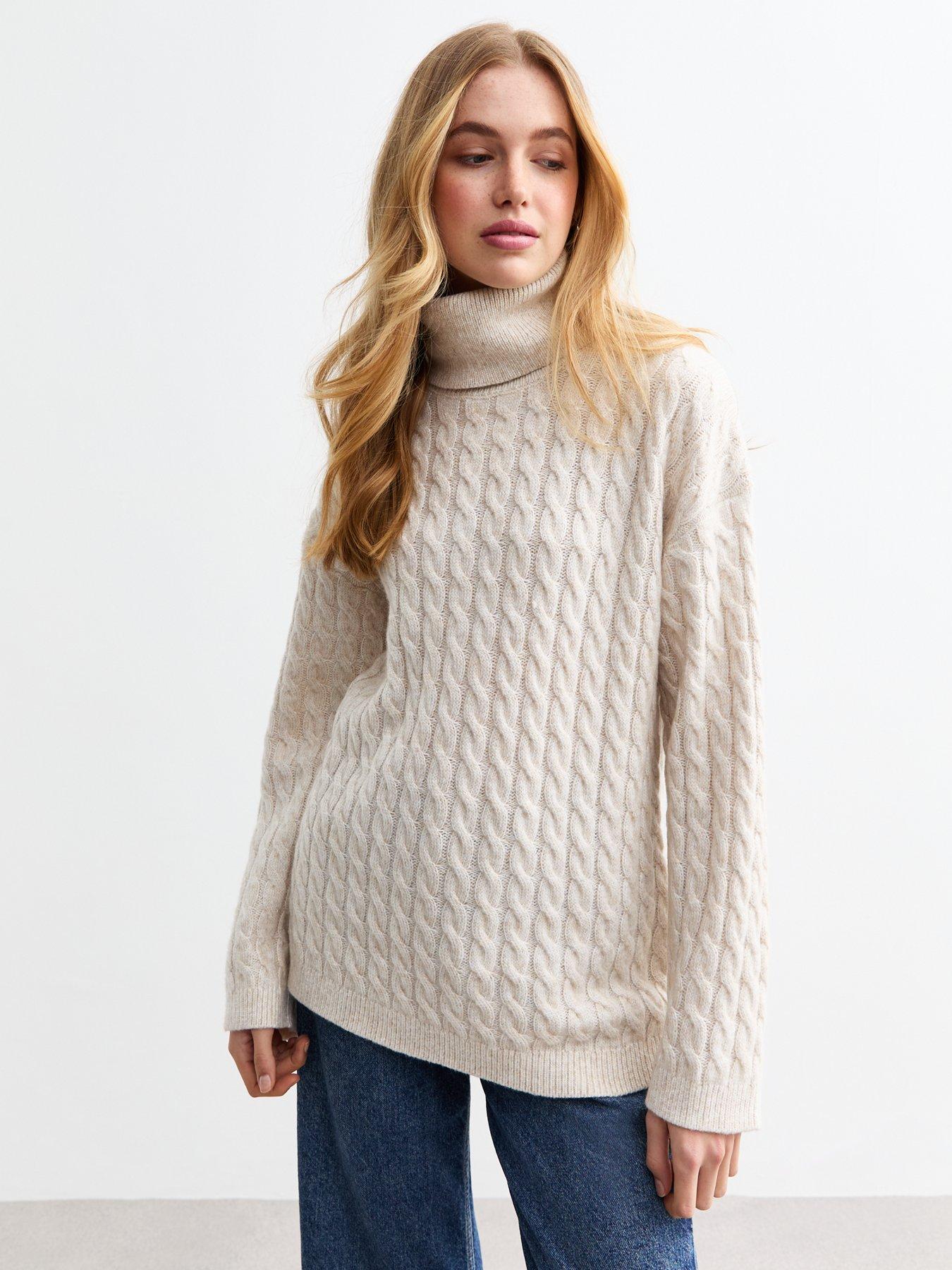 undefined Cream Cable Knit Roll Neck Jumper - Beige