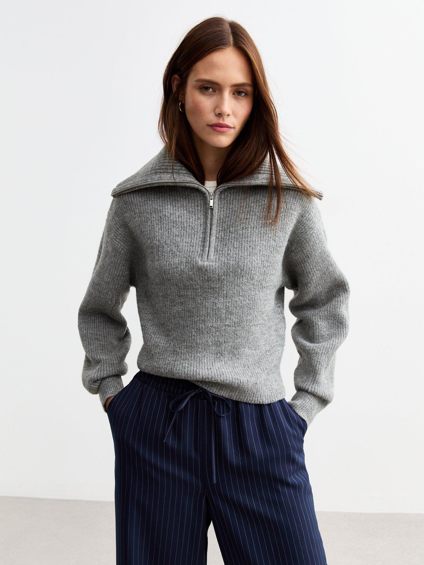 undefined Ribbed Knit Half Zip Jumper - Grey