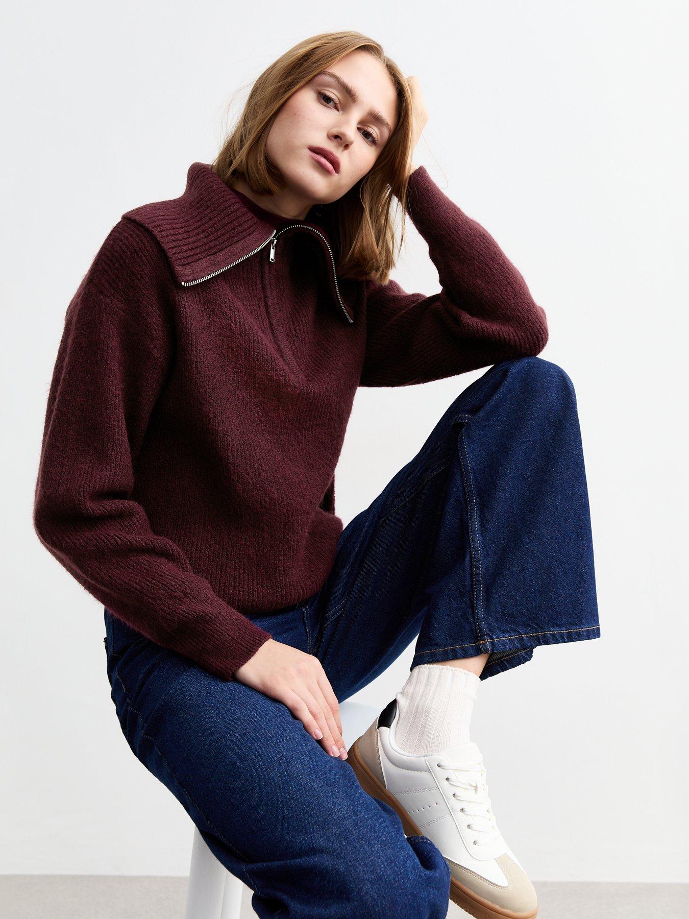 undefined Ribbed Knit Half Zip Jumper - Burgundy