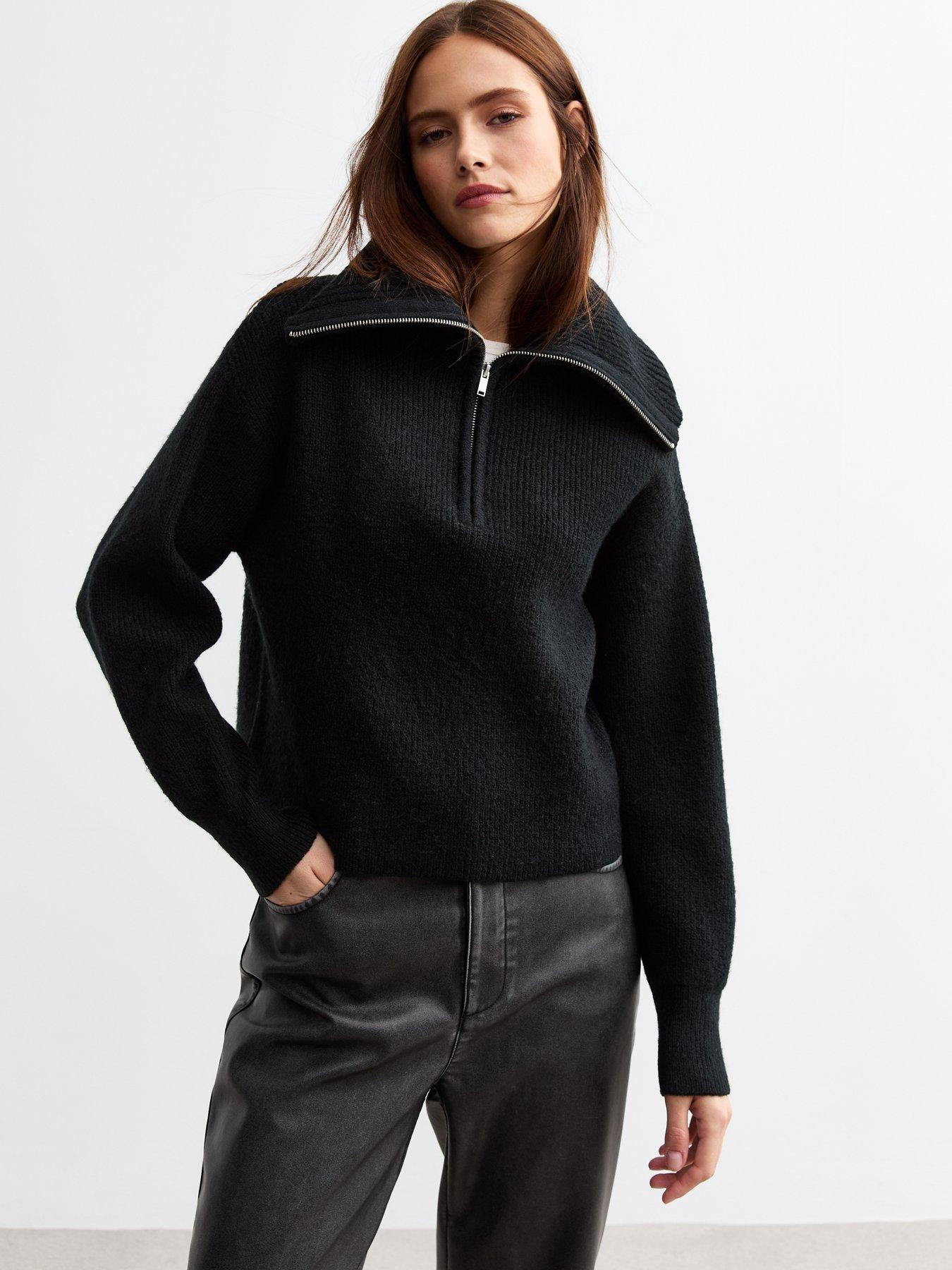 undefined Ribbed Knit Half Zip Jumper - Black