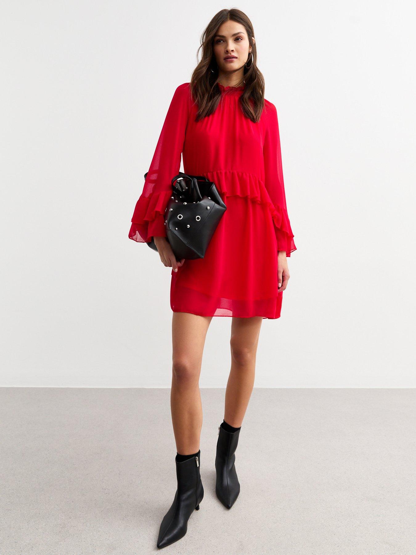 undefined Ruffle High Neck Mini Dress - Red