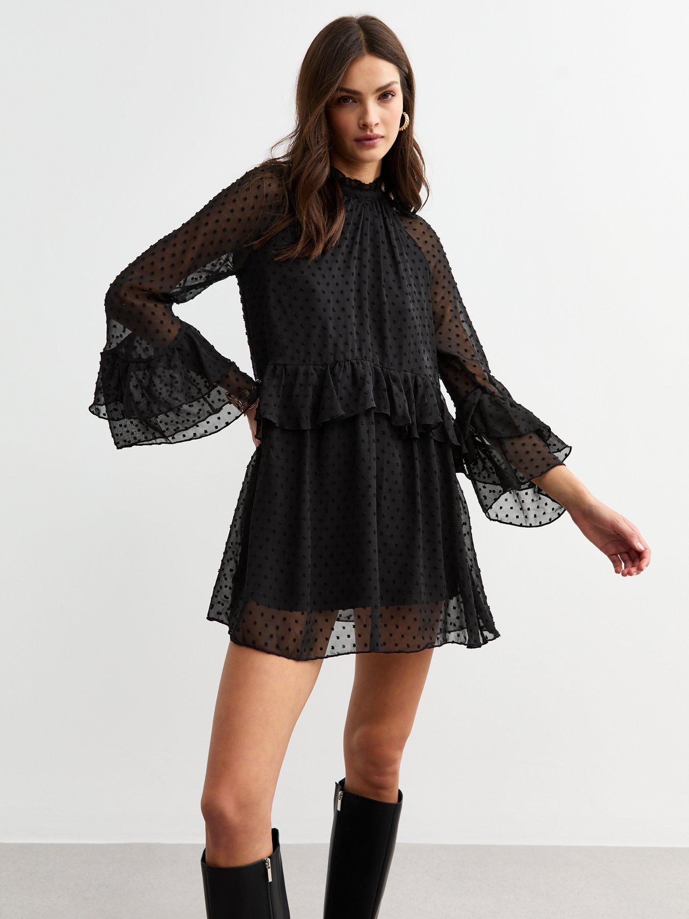 undefined Polka Dot Chiffon Ruffle Long Sleeve Dress - Black
