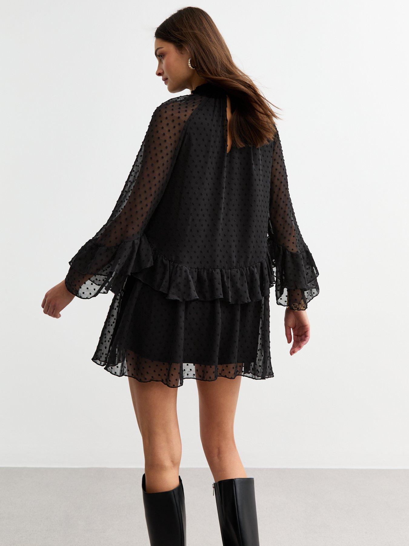 Image 2 of 4 of New Look Polka Dot Chiffon Ruffle Long Sleeve Dress - Black