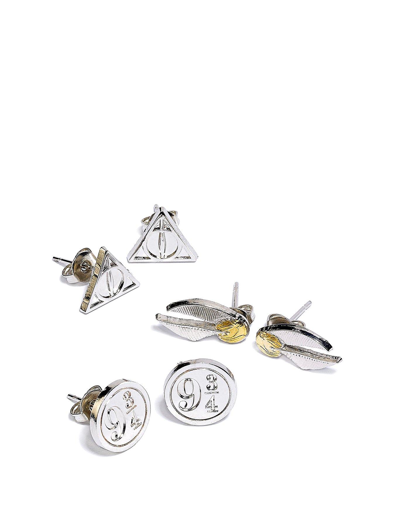 Product photograph of Harry Potter Deathly Hallows Golden Snitch Platform Stud Earring Set from very.co.uk