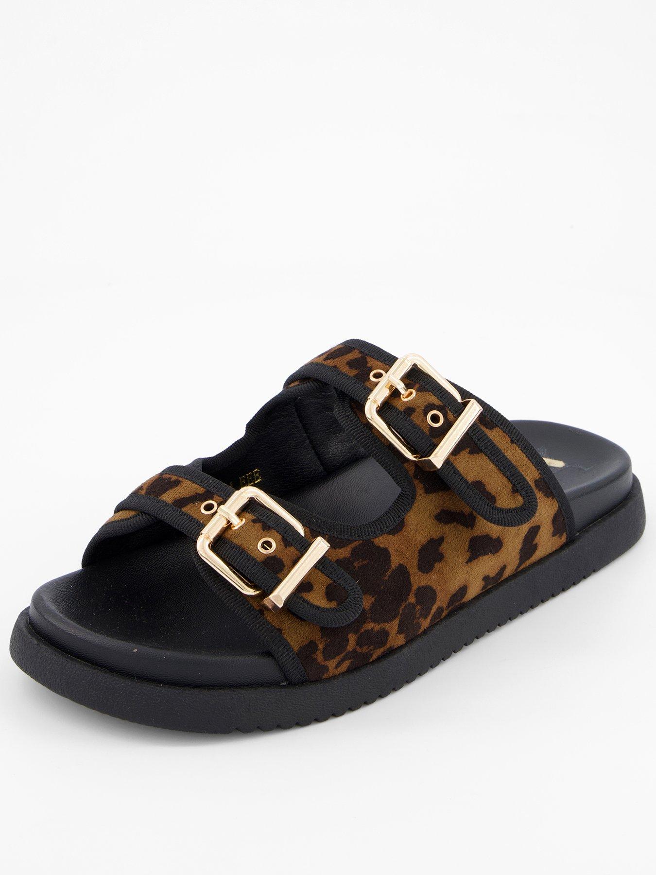 undefined Extra Wide Leopard Flat Sandal - Brown