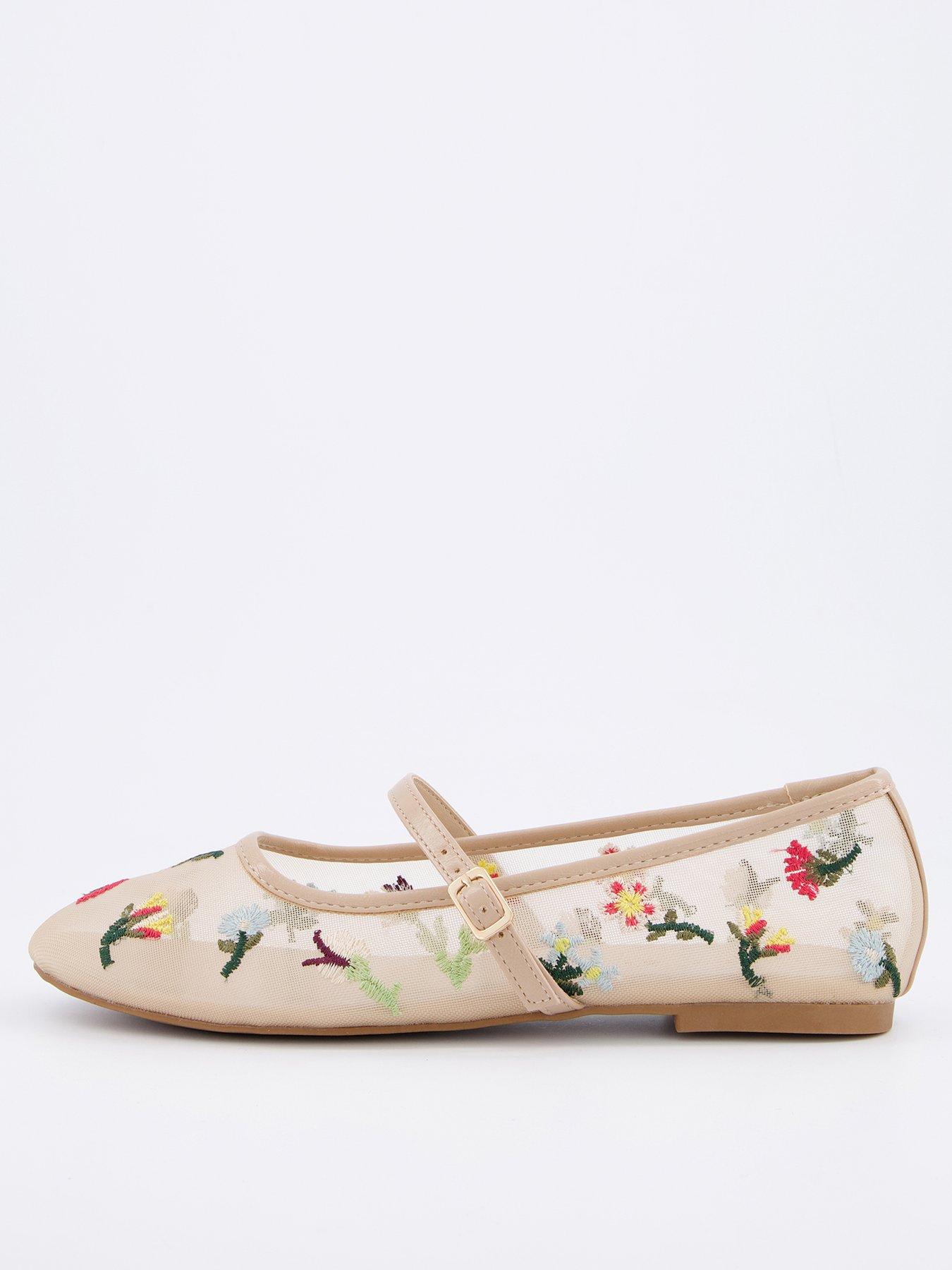 undefined Mesh Ballet Flat with Floral Embroidery - Cream