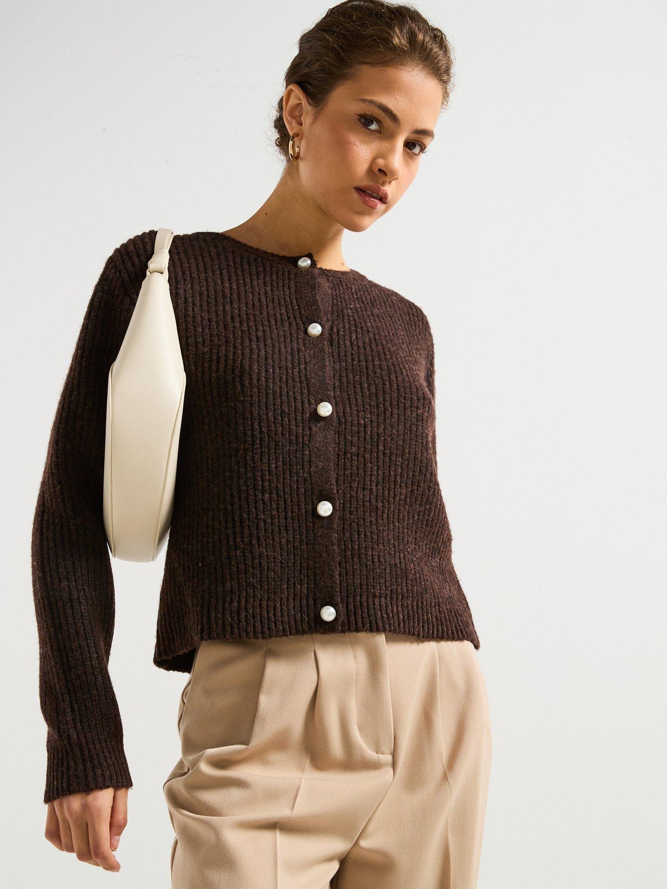 undefined Long Sleeve Pearl Knitted Cardigan - Brown