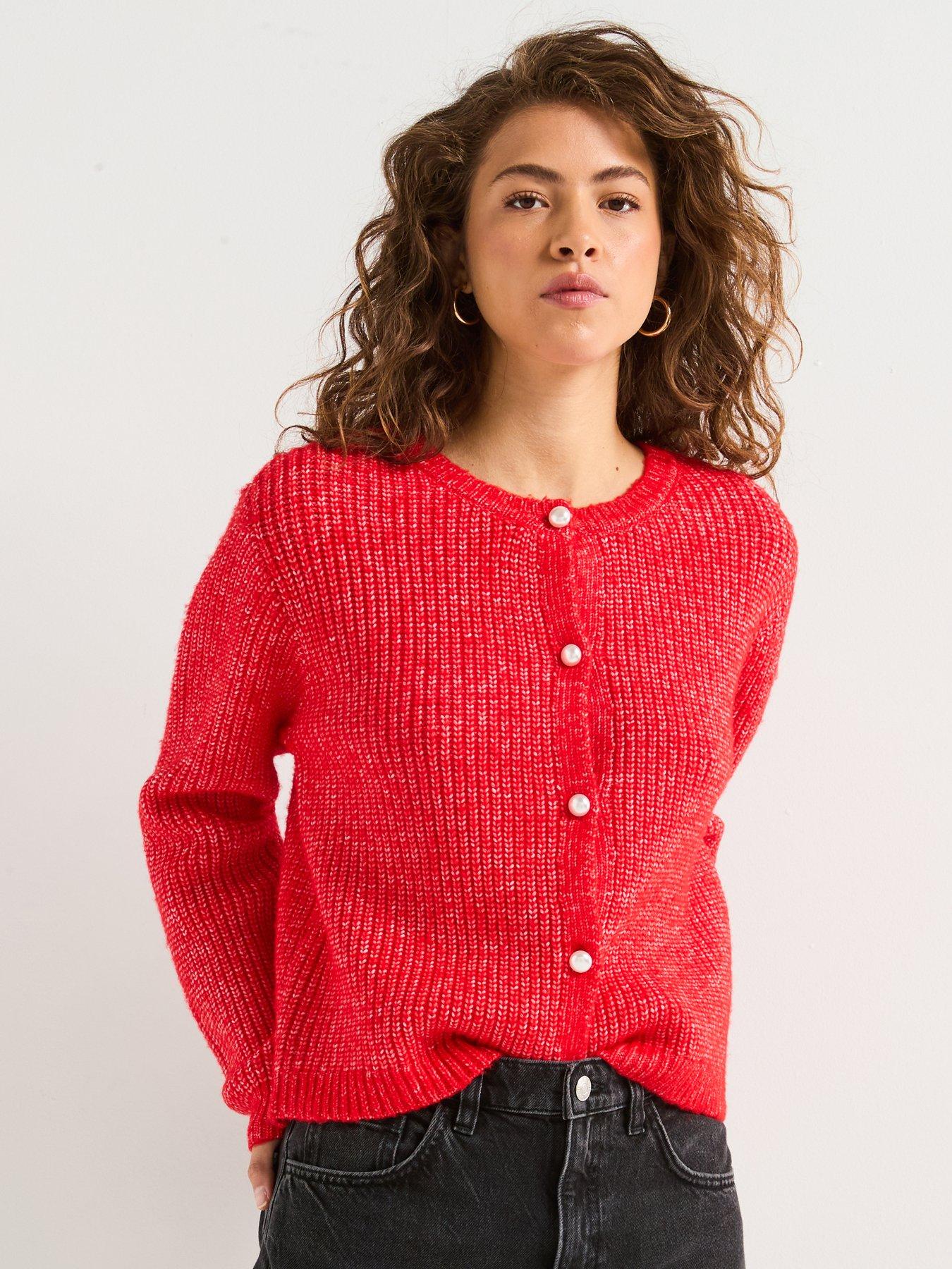 undefined Long Sleeve Pearl Knitted Cardigan - Red