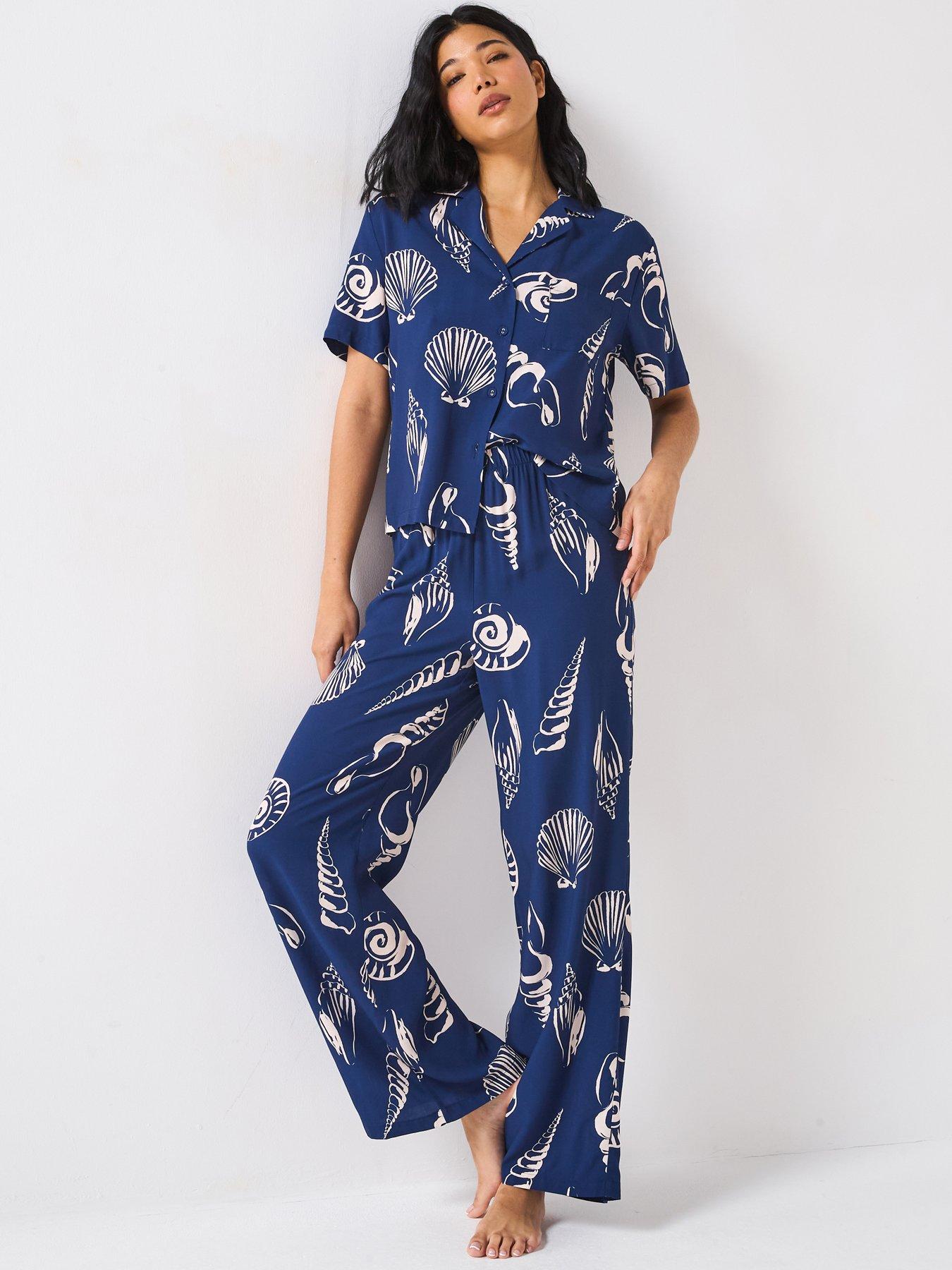 undefined Short Sleeve Shell Print Cotton Revere Pyjama Set - Multi