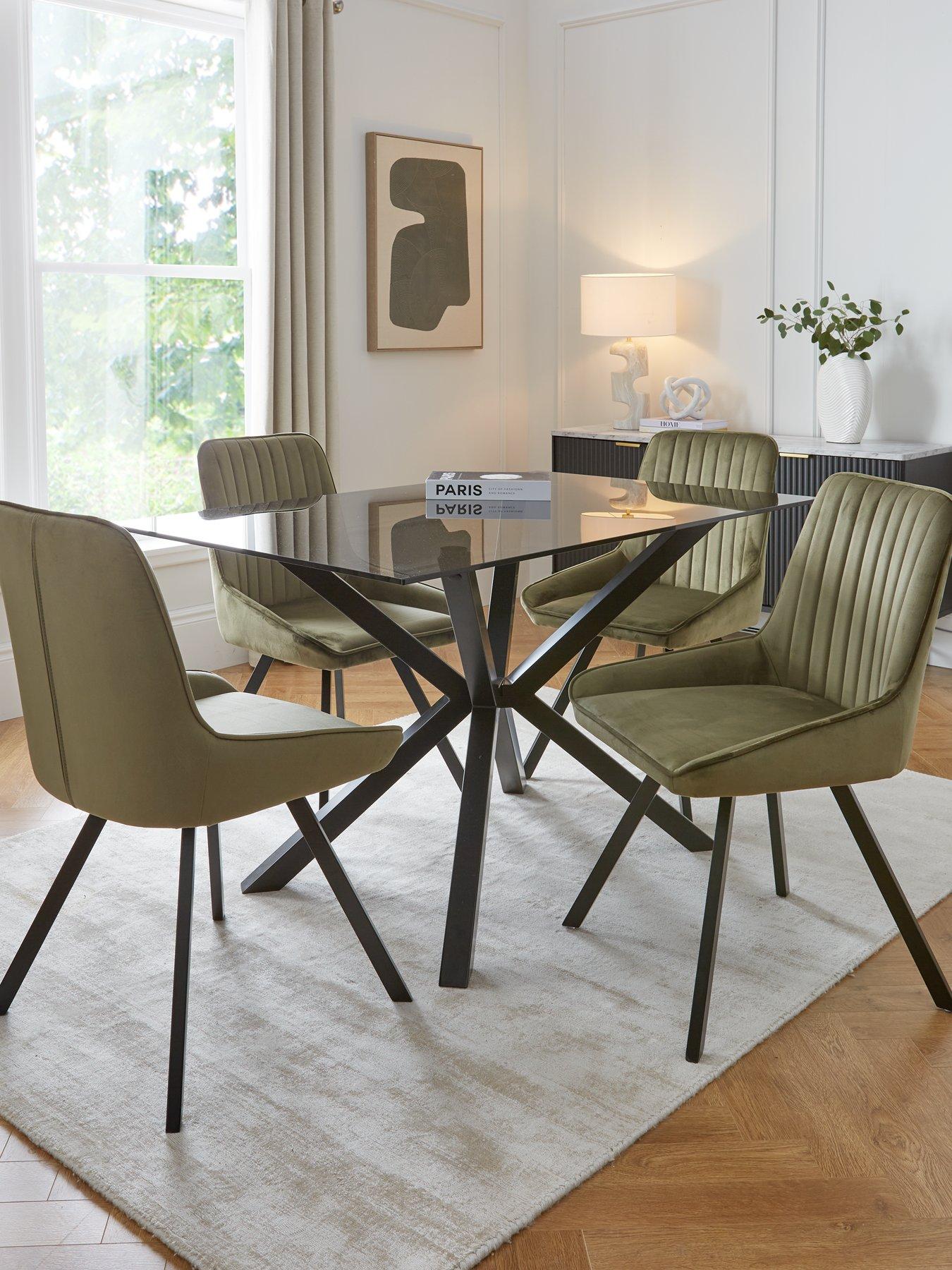Image 1 of 6 of The Very Collection Chopstick Black 130&nbsp;cm Rectangular Dining Table + 4 Marlow Moss Green Chairs