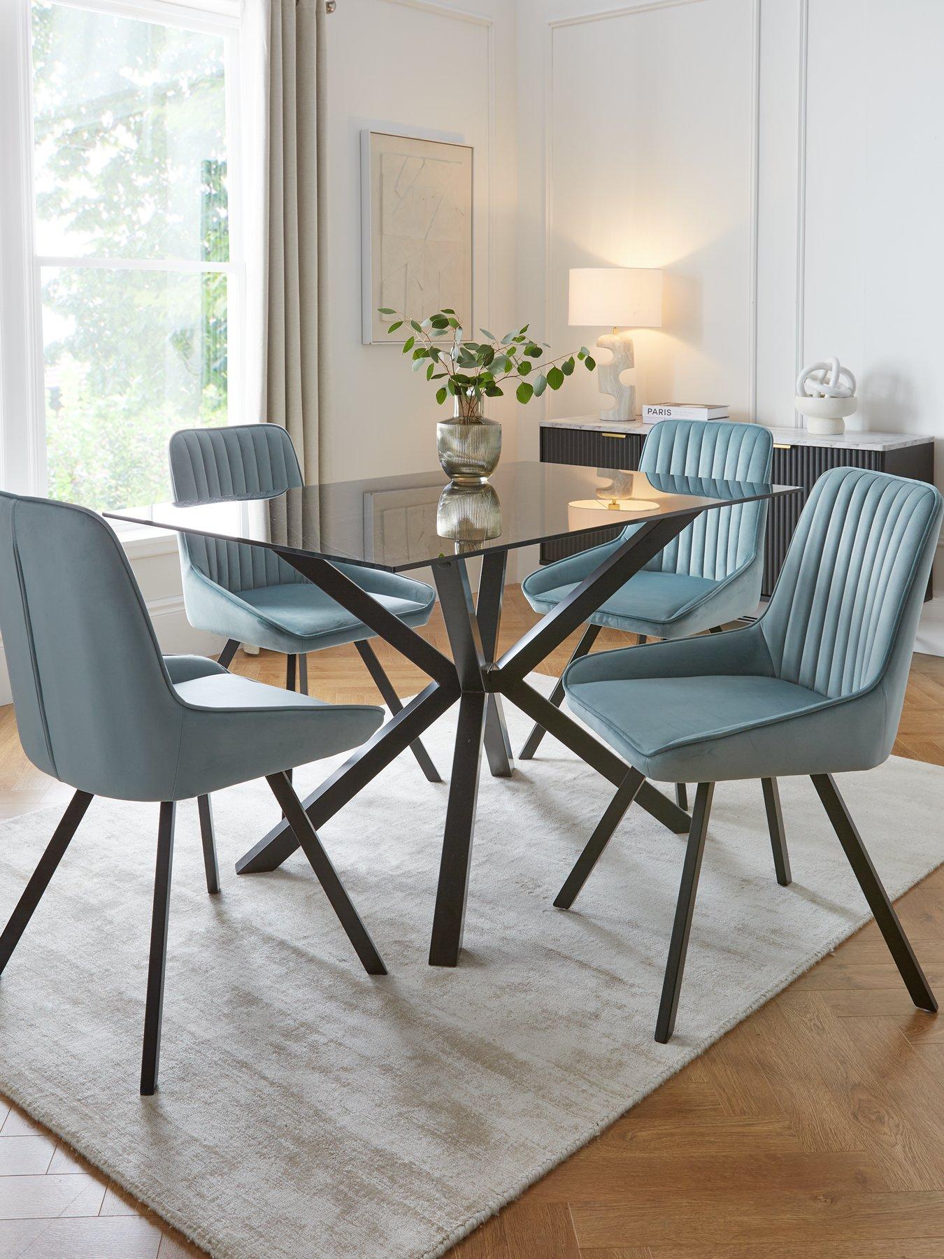 The Very Collection Chopstick Black 130 cm Rectangular Dining Table + 4 Marlow Dusty Blue Chairs