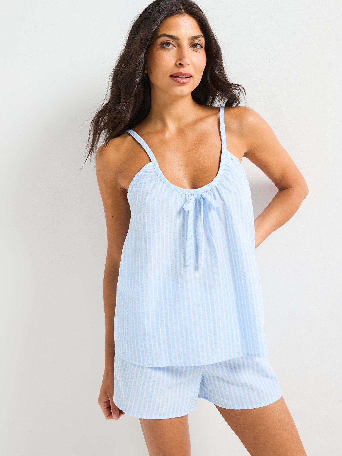 Image 1 of 6 of V by Very Stripe Cami Tie Detail Short Pyjama Set - Blue