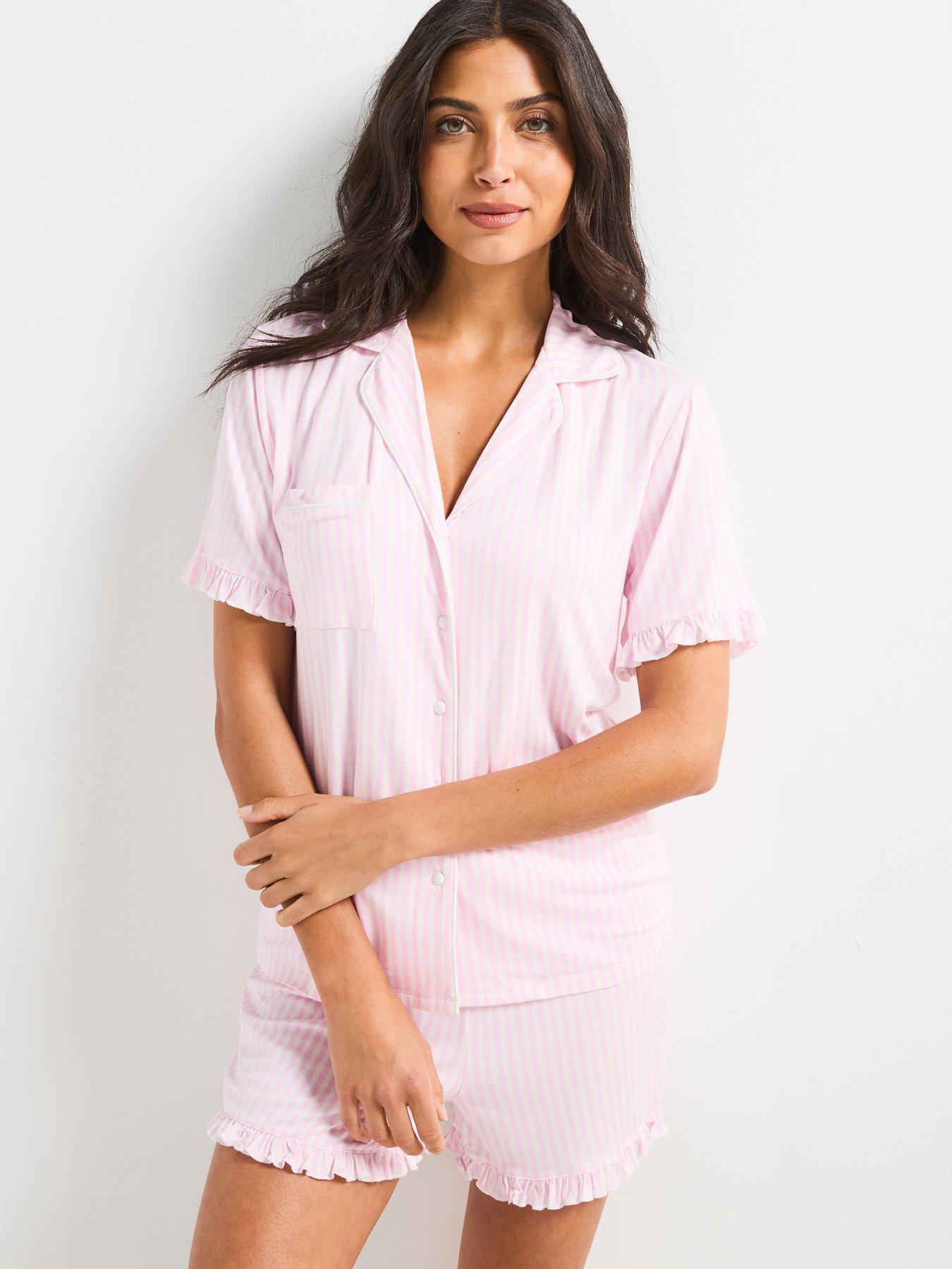 undefined Frill Sleeve Stripe Revere Short Set - Pink