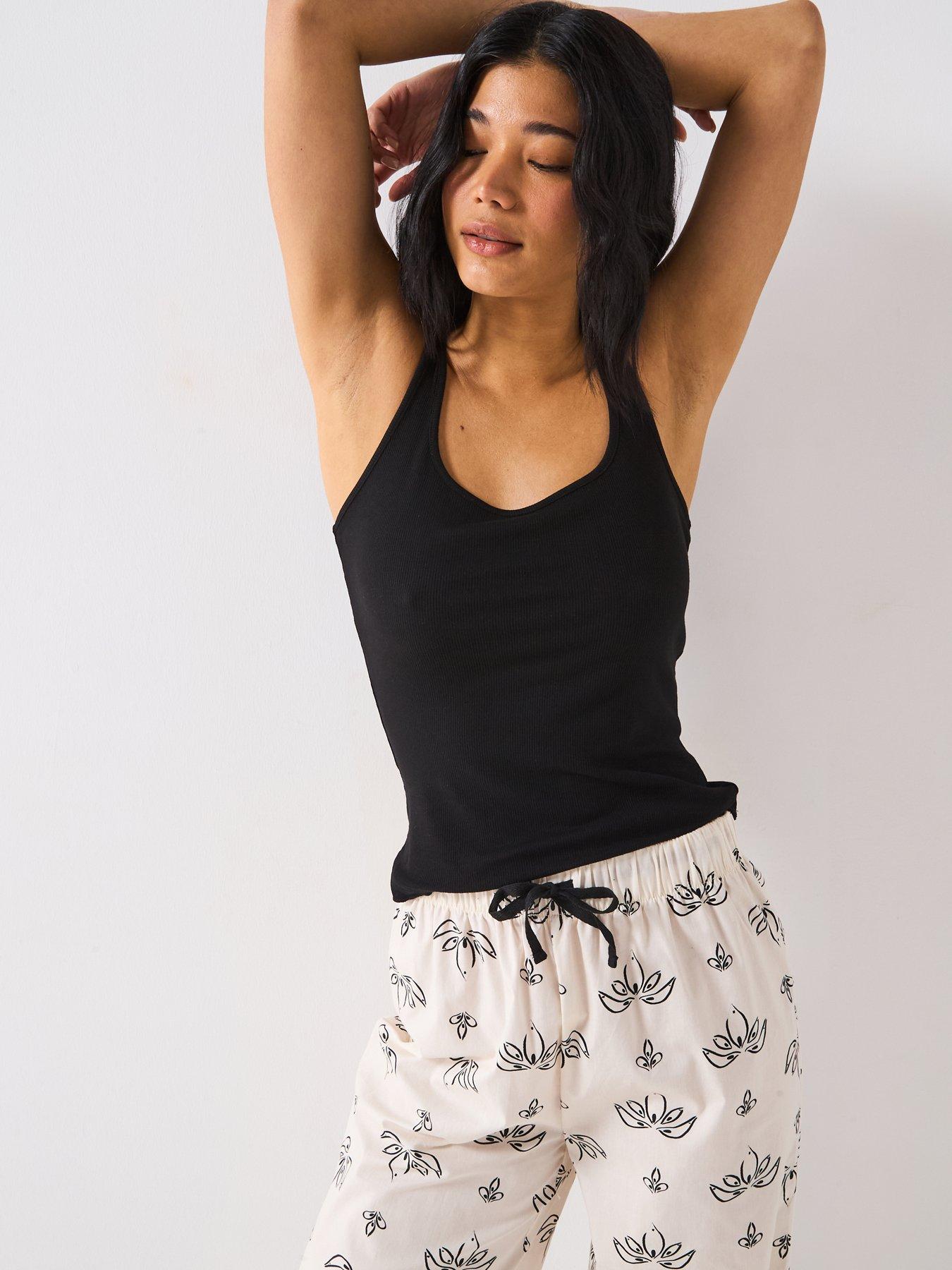 V by Very Vest Top And Printed Woven Bottom Pyjama Set - Black/White | Very