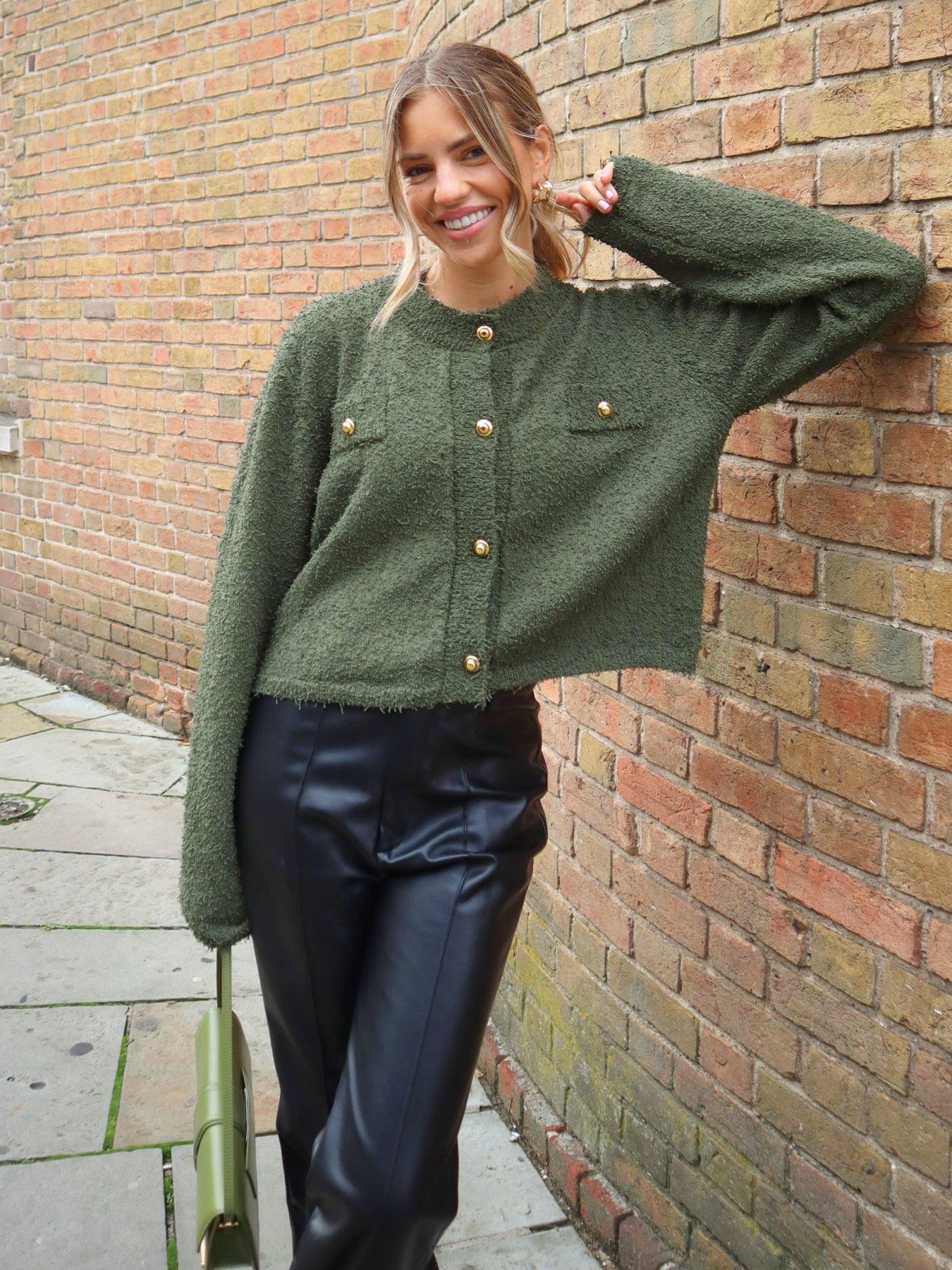 undefined Textured Button Detail Knit Cardigan - Khaki
