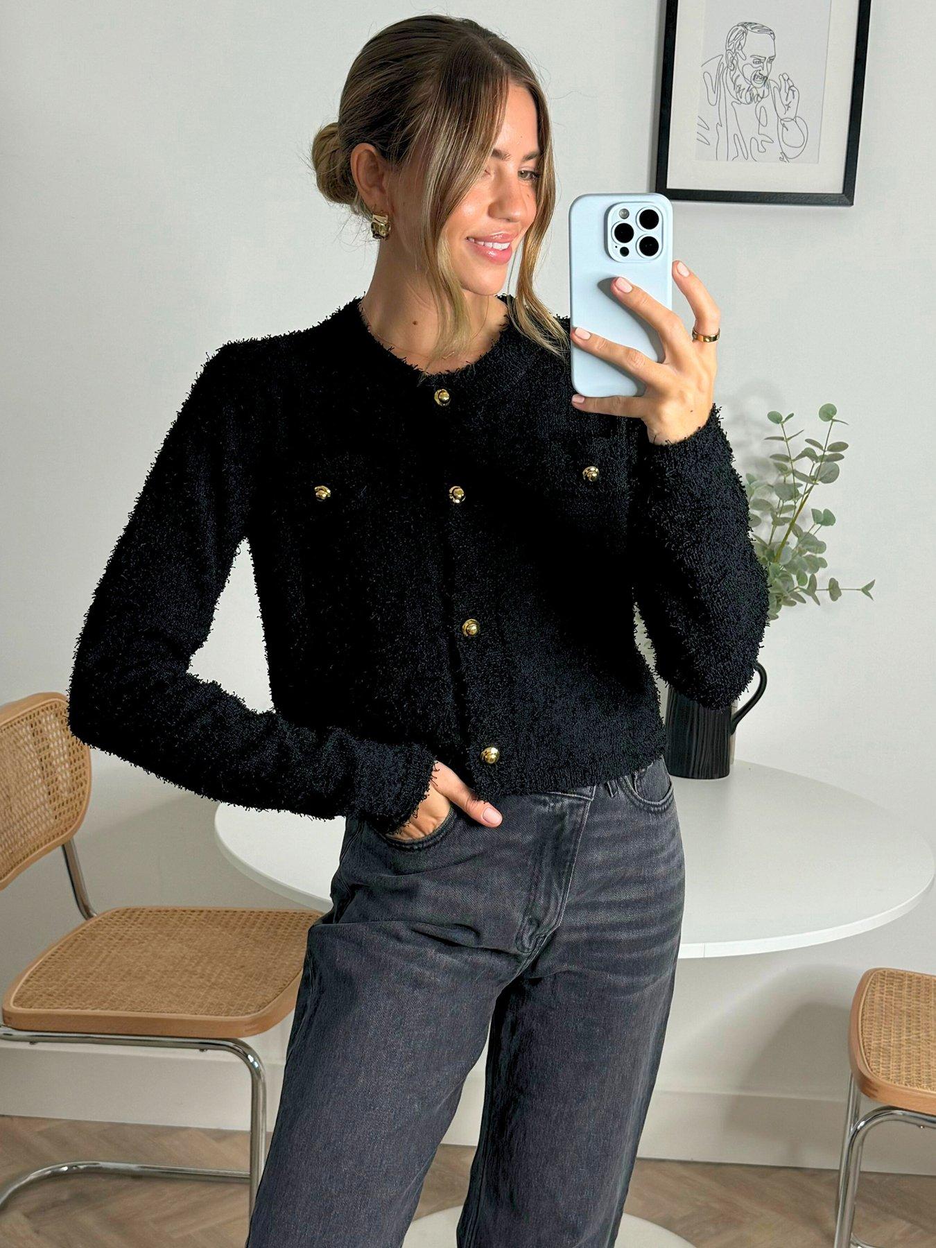 Image 1 of 4 of Style Cheat Textured Button Detail Knit Cardigan - Black