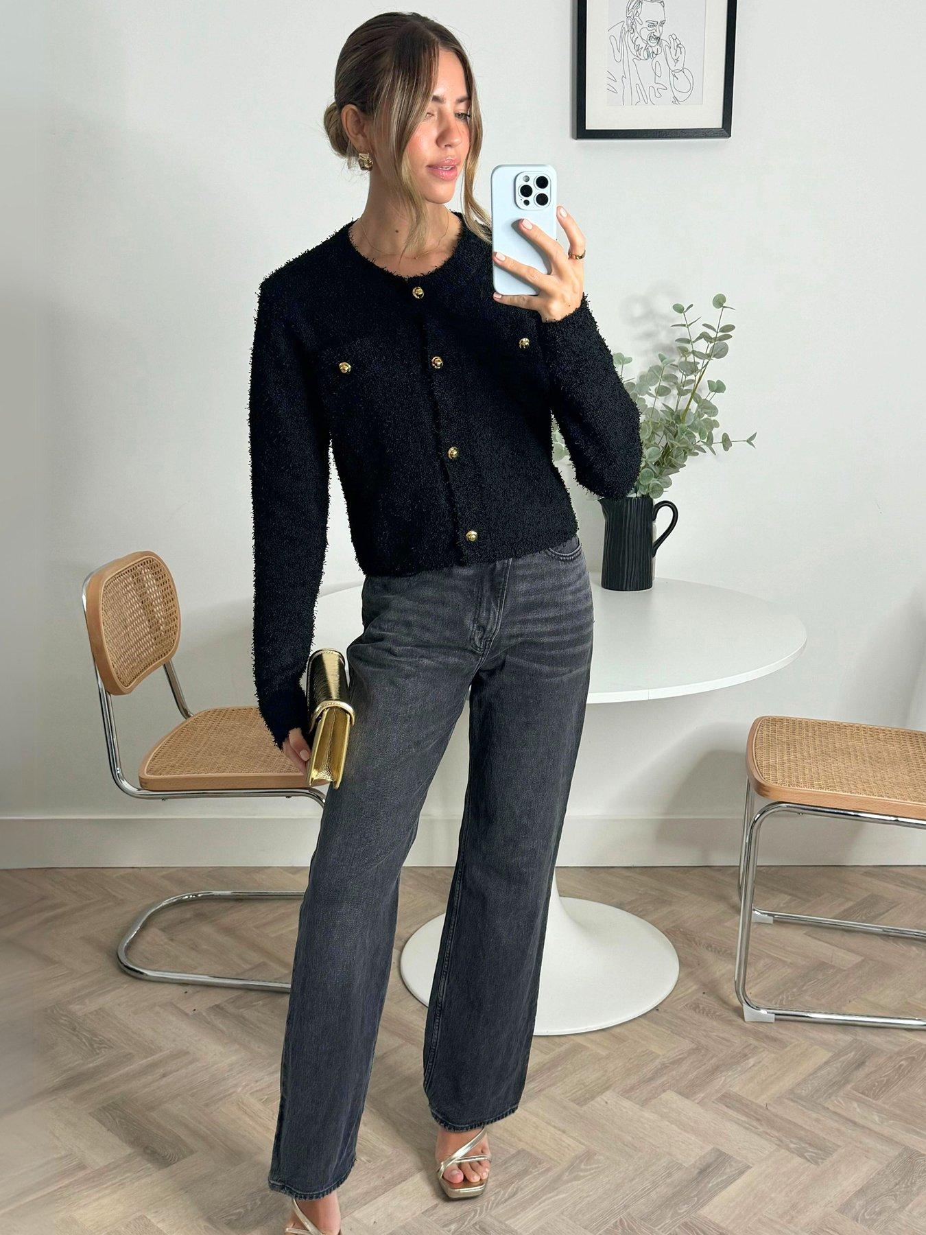Image 3 of 4 of Style Cheat Textured Button Detail Knit Cardigan - Black
