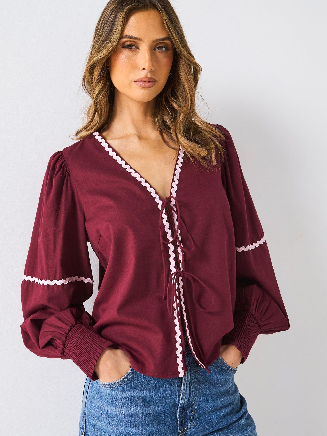 PIECES Nervia Long Sleeve Tie Top - Burgundy