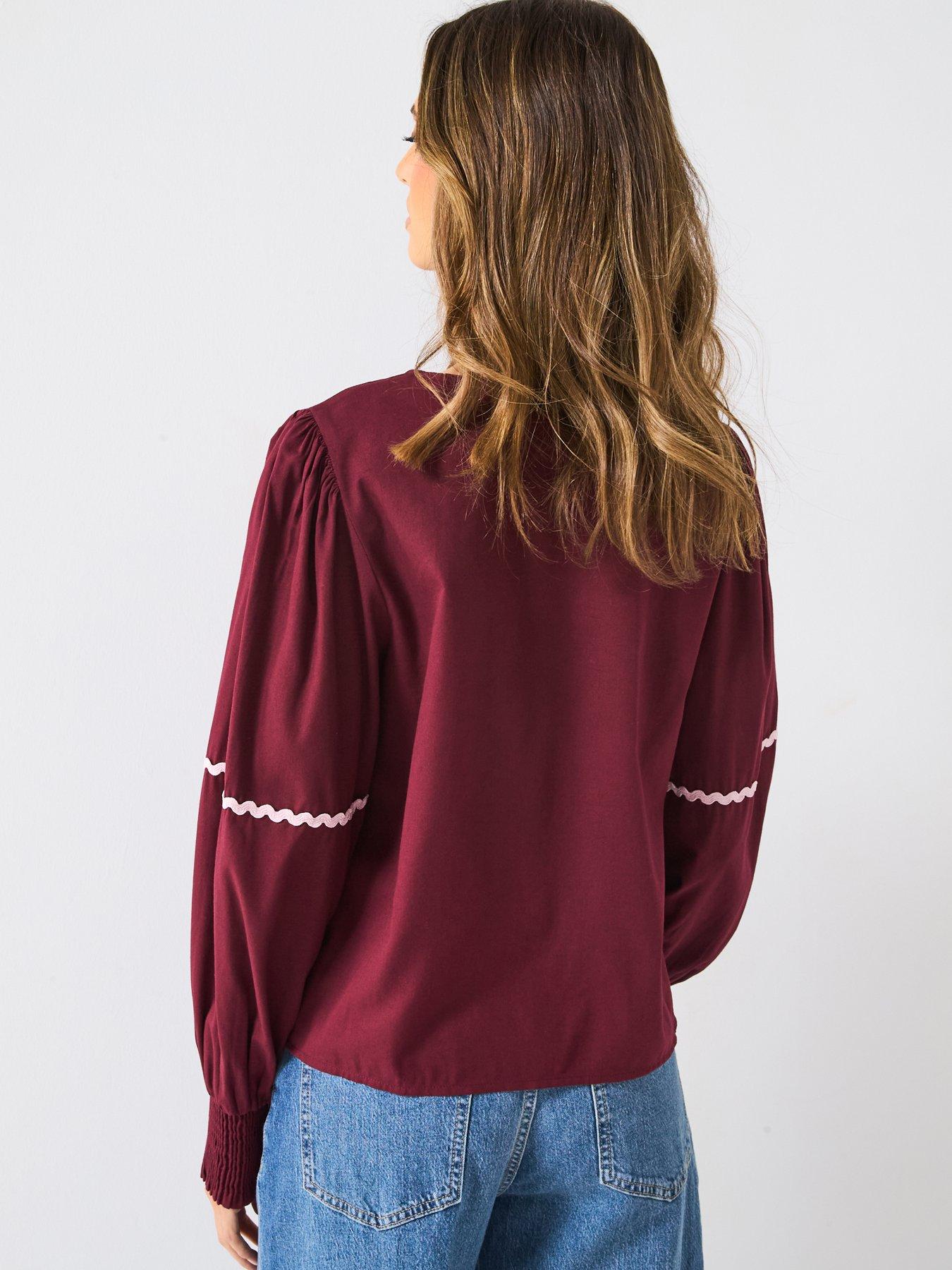 Image 2 of 6 of PIECES Nervia Long Sleeve Tie Top - Burgundy
