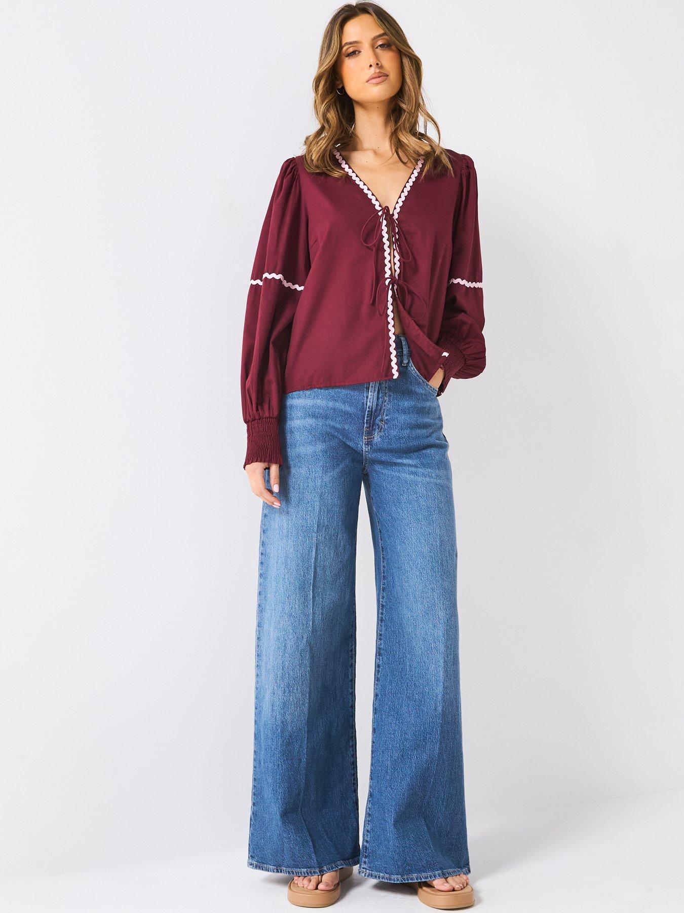 Image 3 of 6 of PIECES Nervia Long Sleeve Tie Top - Burgundy