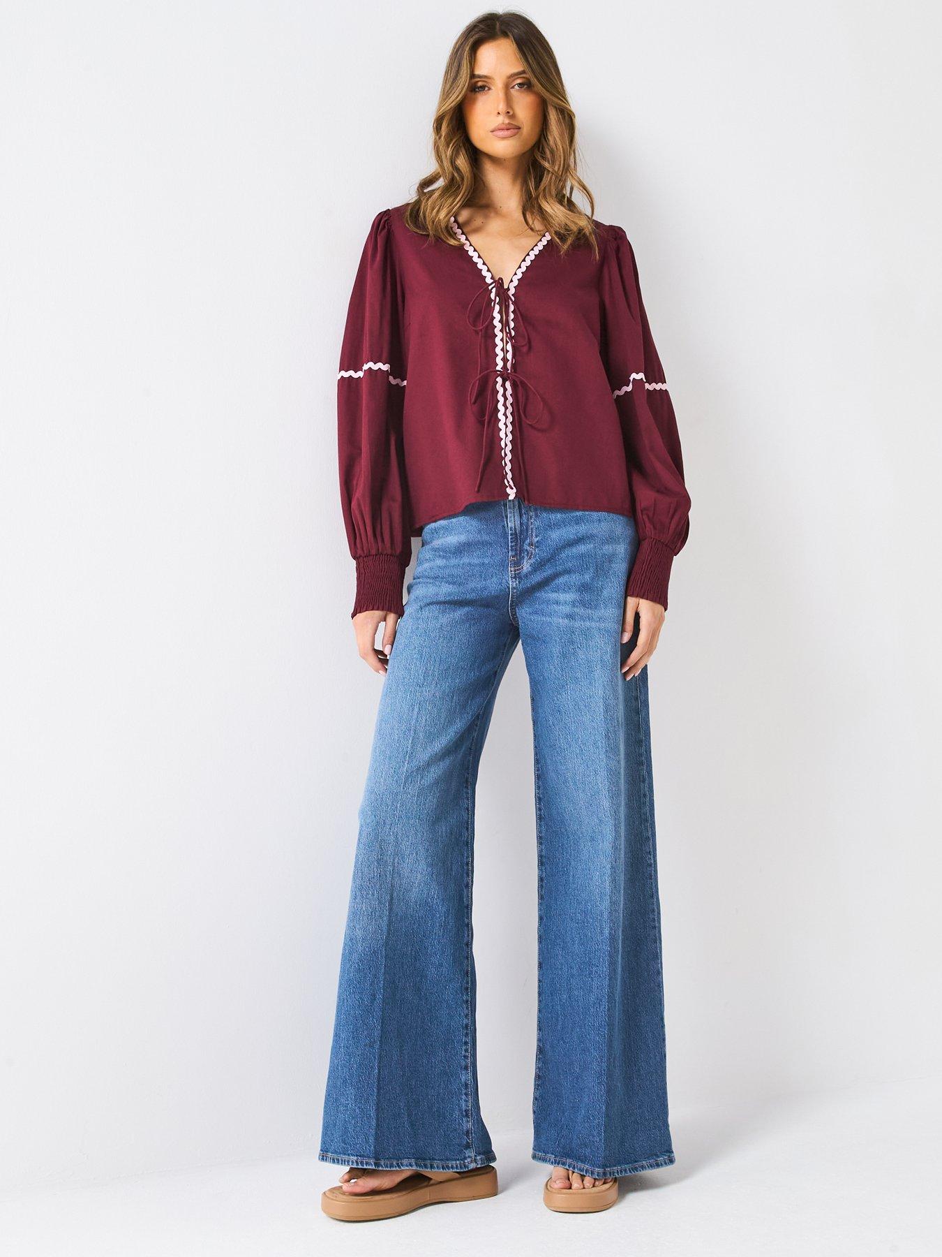 Image 4 of 6 of PIECES Nervia Long Sleeve Tie Top - Burgundy