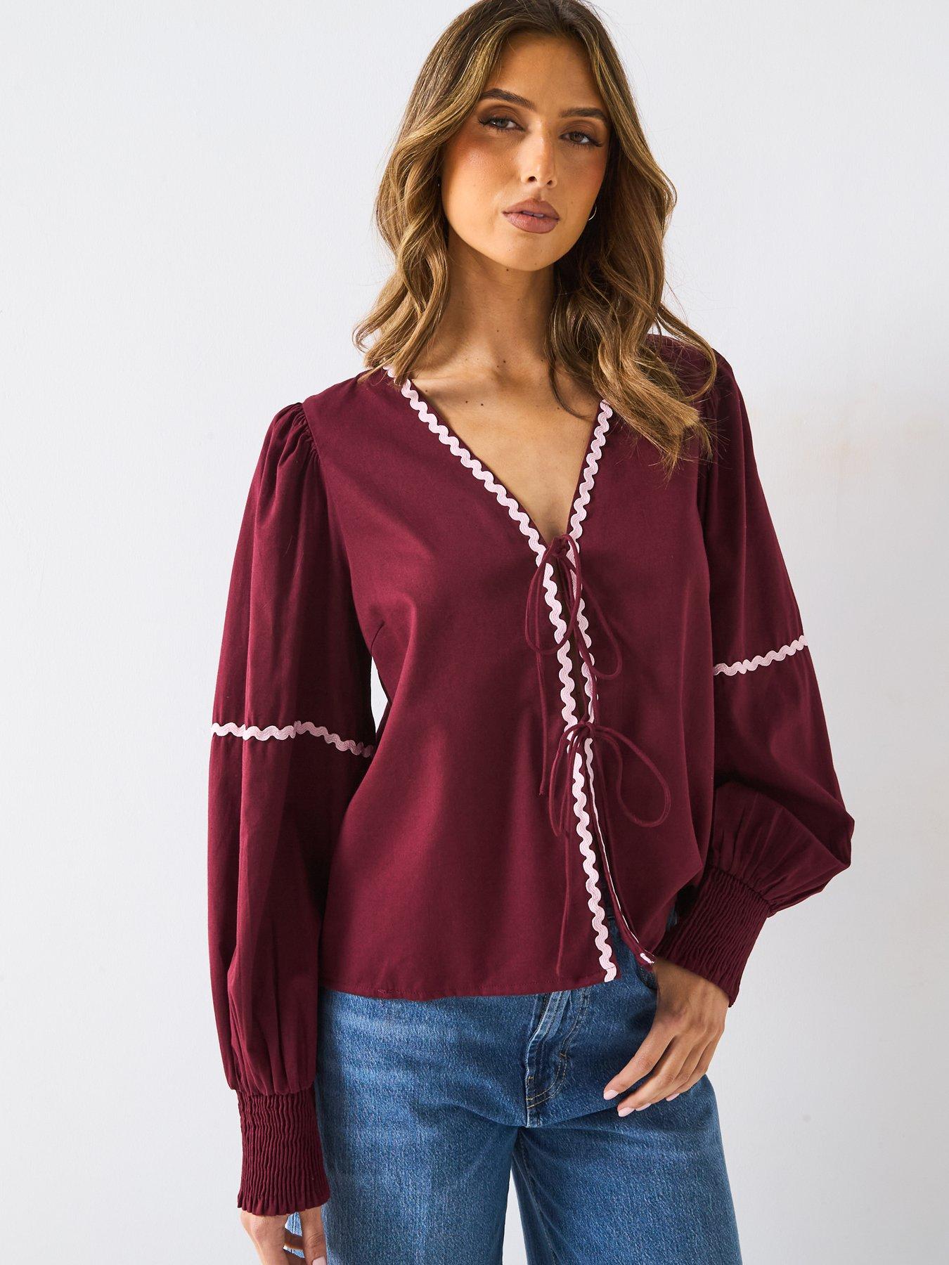 Image 5 of 6 of PIECES Nervia Long Sleeve Tie Top - Burgundy