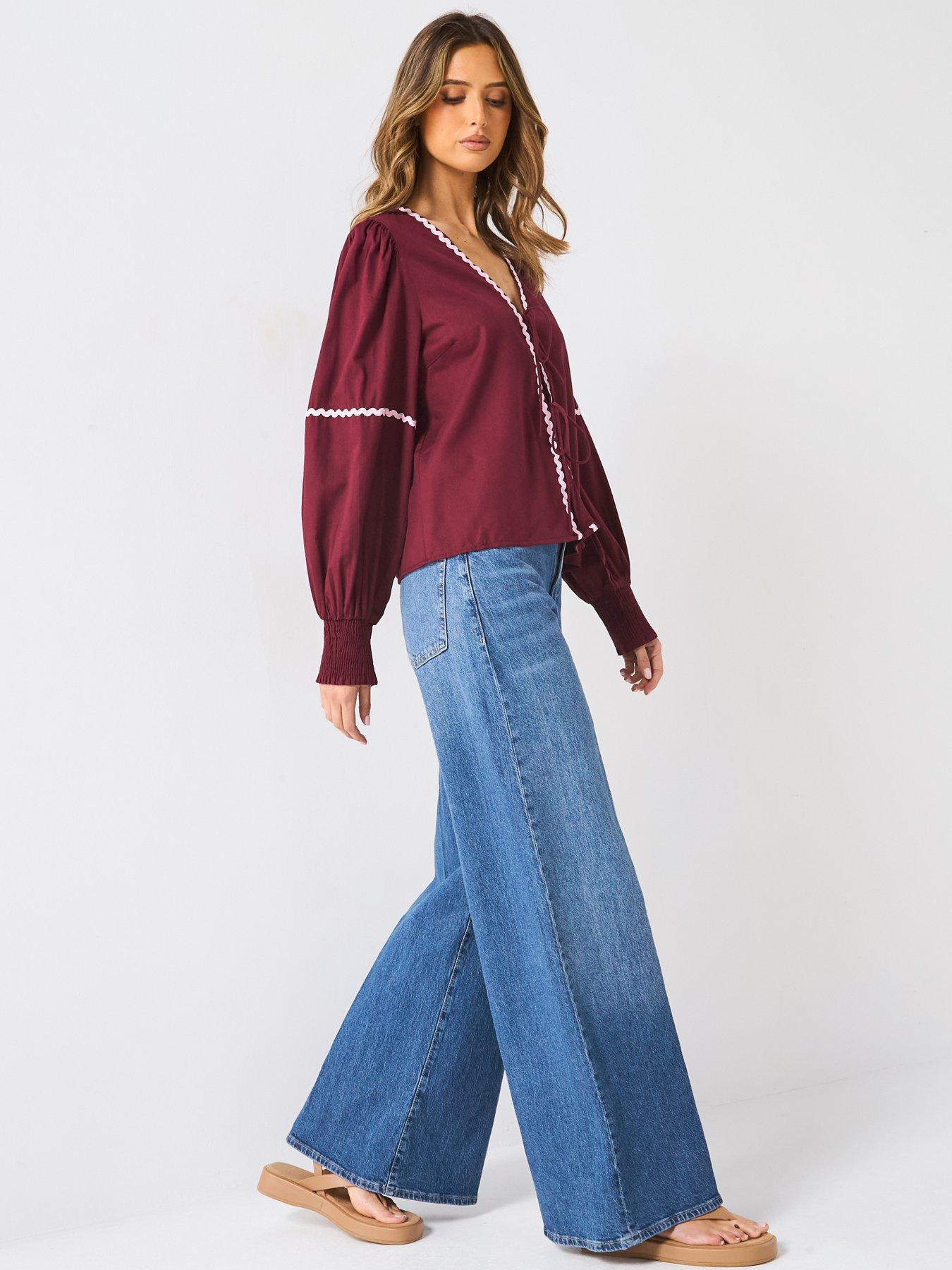 Image 6 of 6 of PIECES Nervia Long Sleeve Tie Top - Burgundy