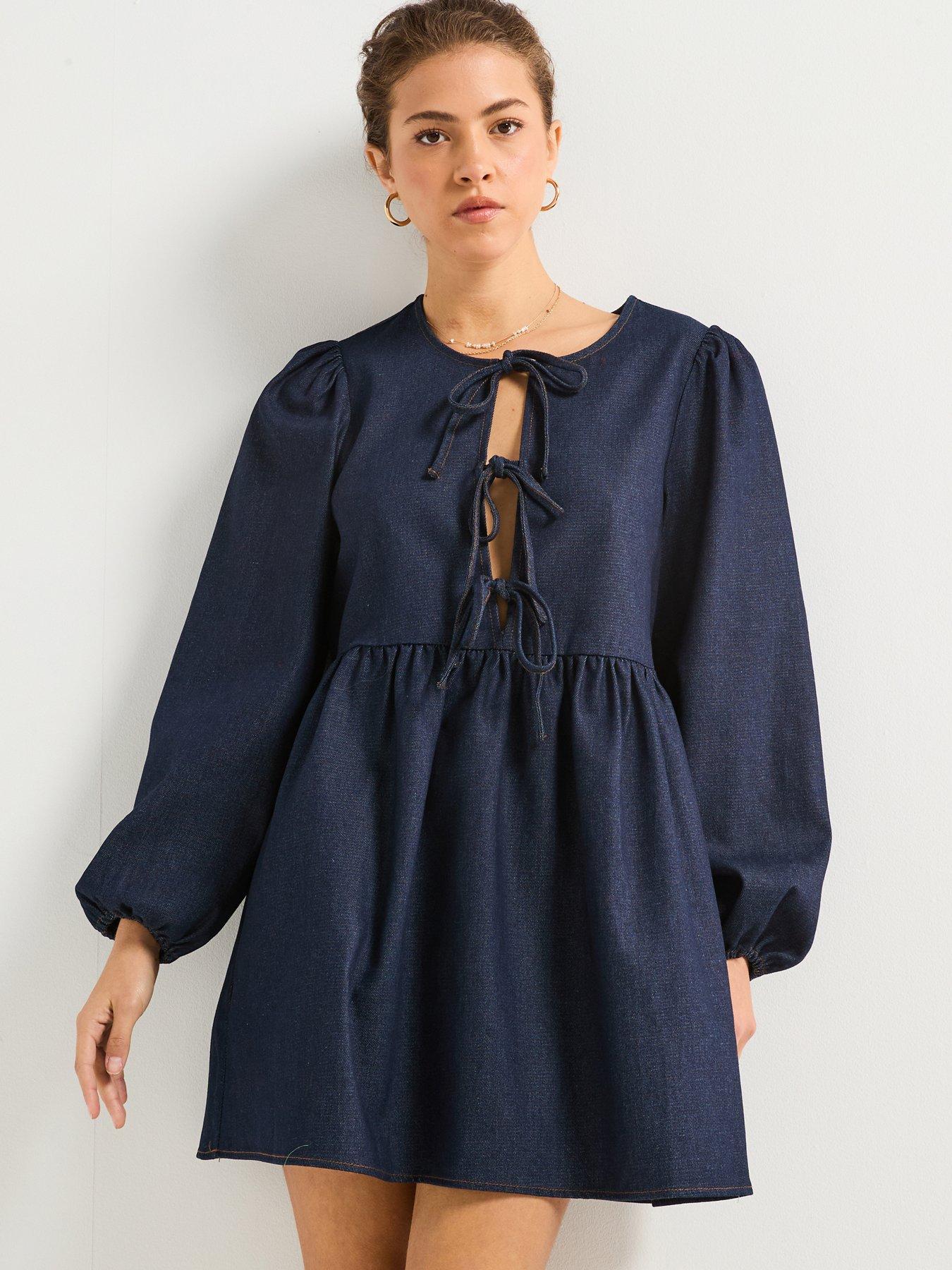 PIECES Asta Long Sleeve Front Tie Denim Dress - Blue | Very