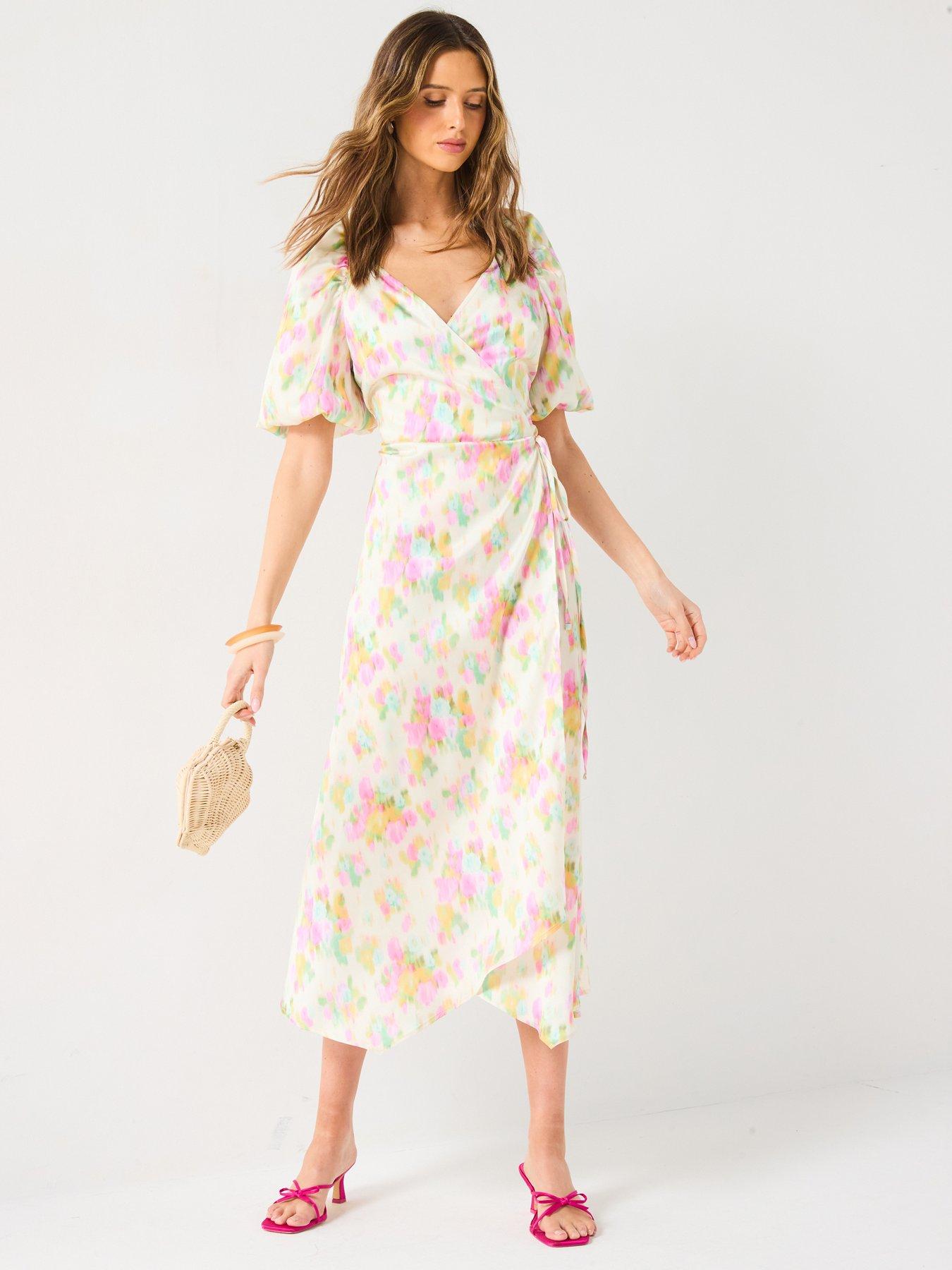 undefined Floral Satin Wrap Dress