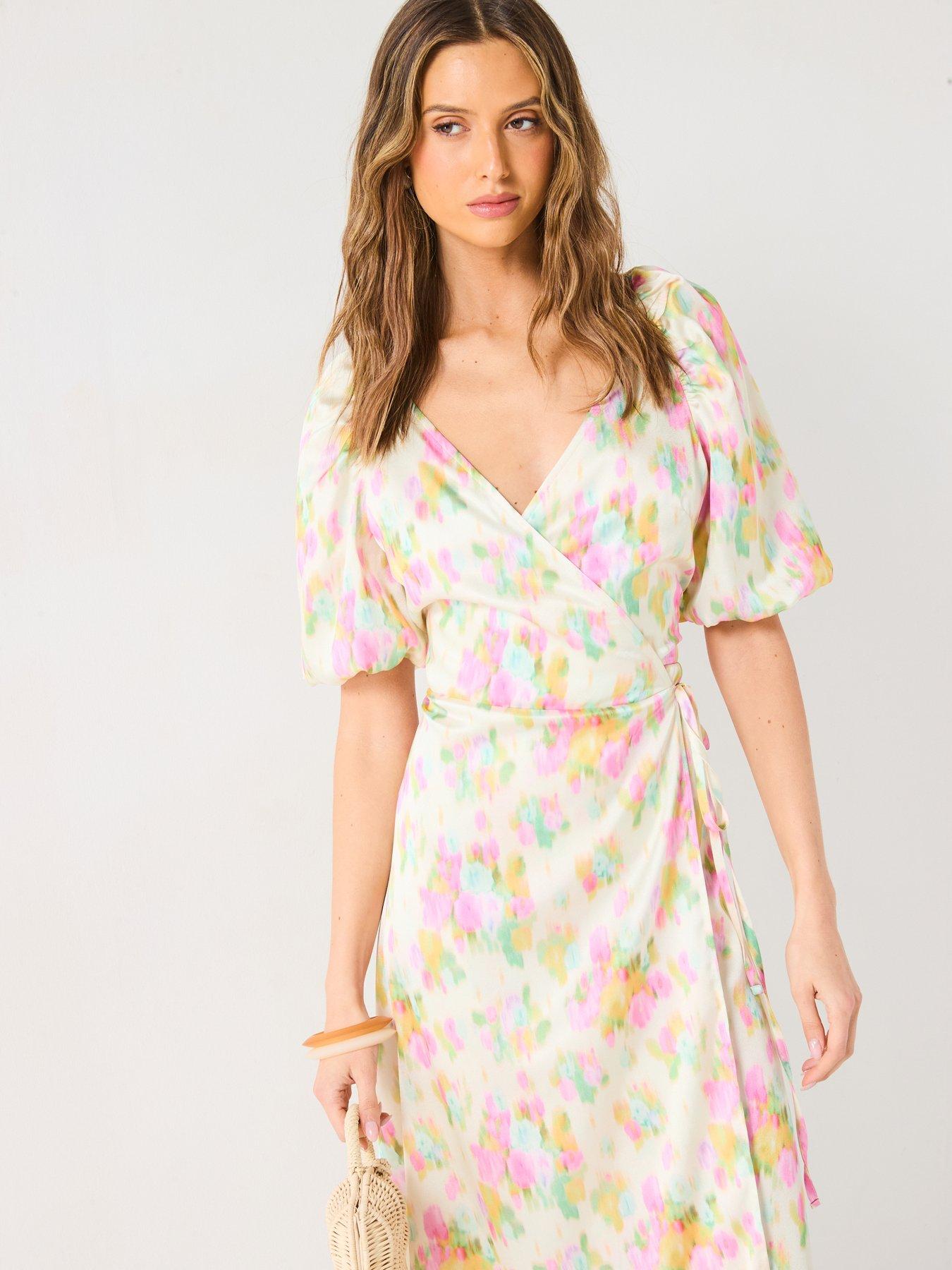 long formal stretch evening long sleeve dress reviews Ummer Flowy Teal Floral One Piece Dress Puff Sleeve with Ruched V-Neck main image 1