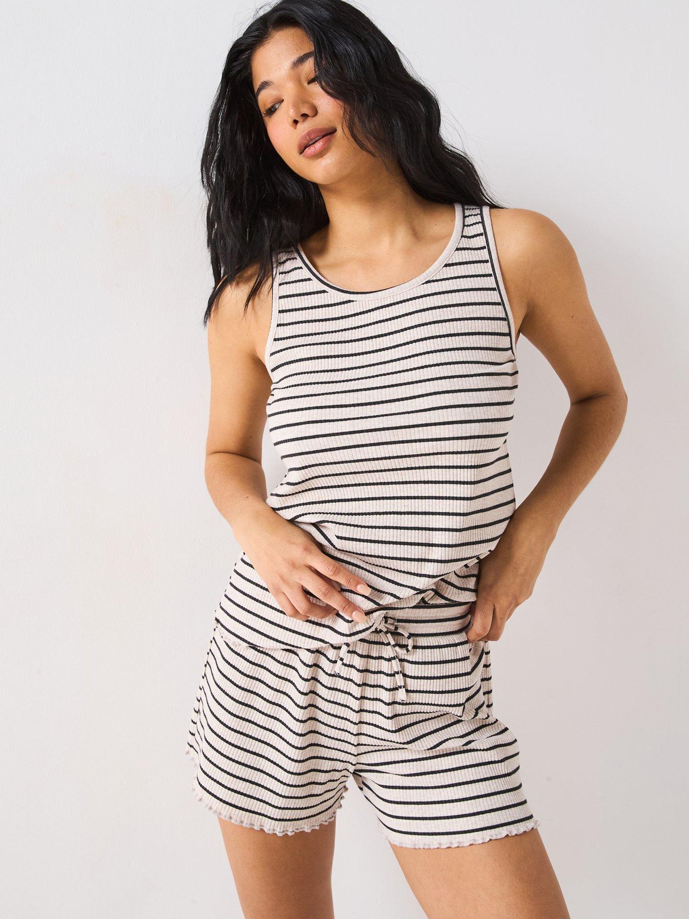 V by Very Ribbed Stripe Vest and Shirt PJ Set Black Very