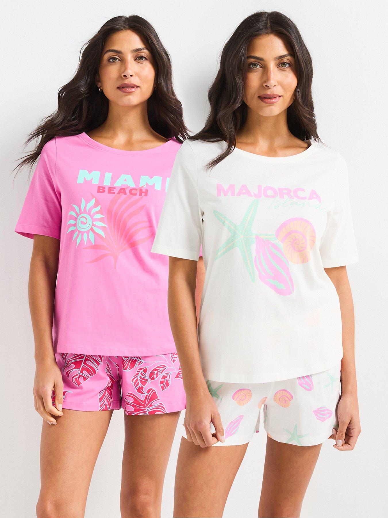 undefined 2 Pack Miami  &  Ibiza Print Short Sleeve T-Shirt And Short Pyjama Set - Pink
