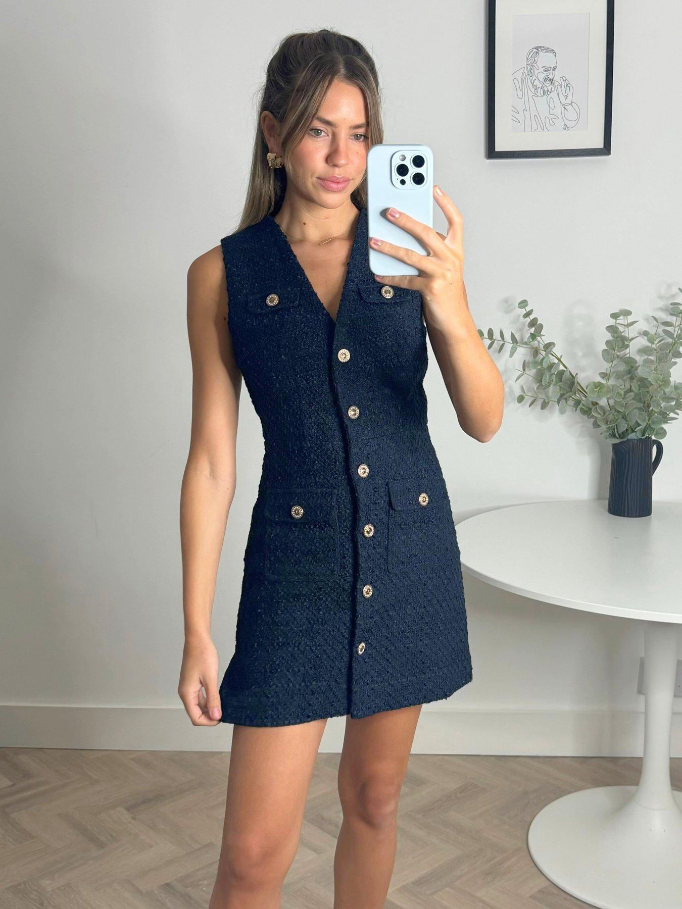 undefined Textured Button Detail Dress - Navy