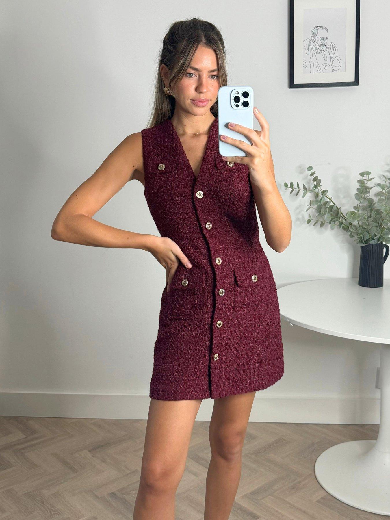 undefined Textured Button Detail Dress - Burgundy